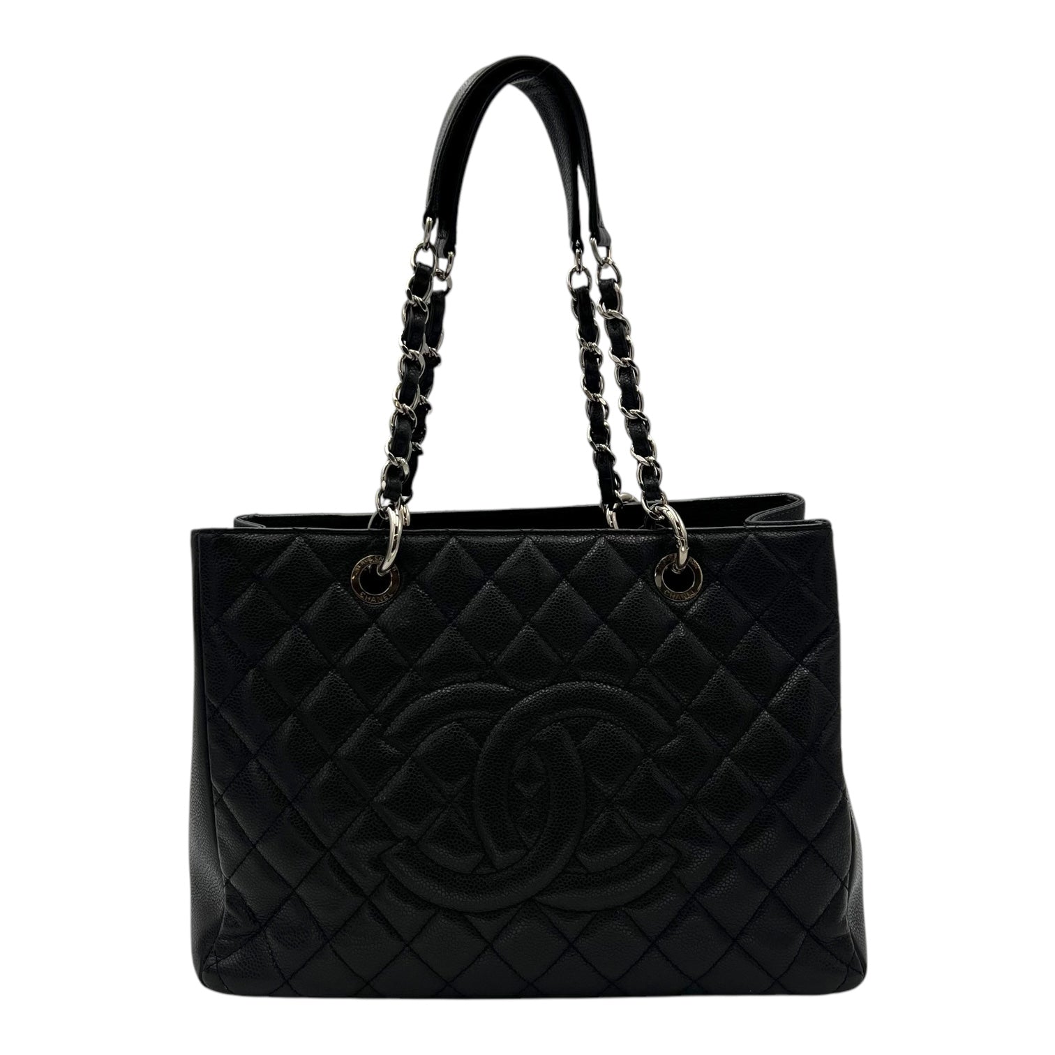 GST Black Tote Bag in Caviar Leather, Silver hardware