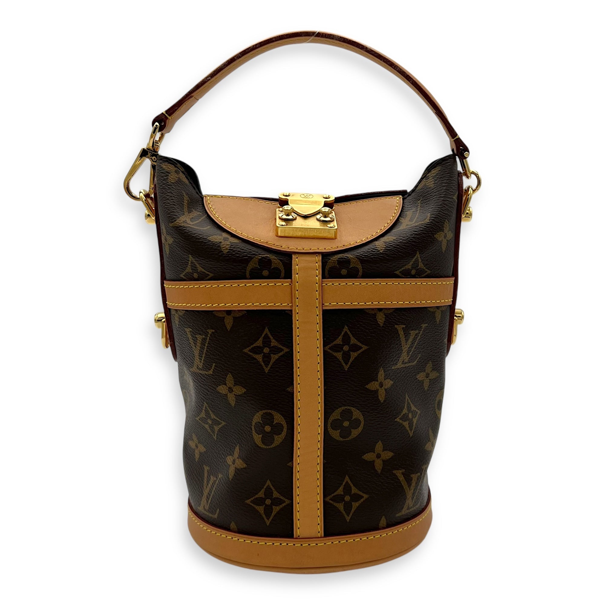 Duffle Brown Top Handle Bag in Monogram Coated Canvas, Gold hardware