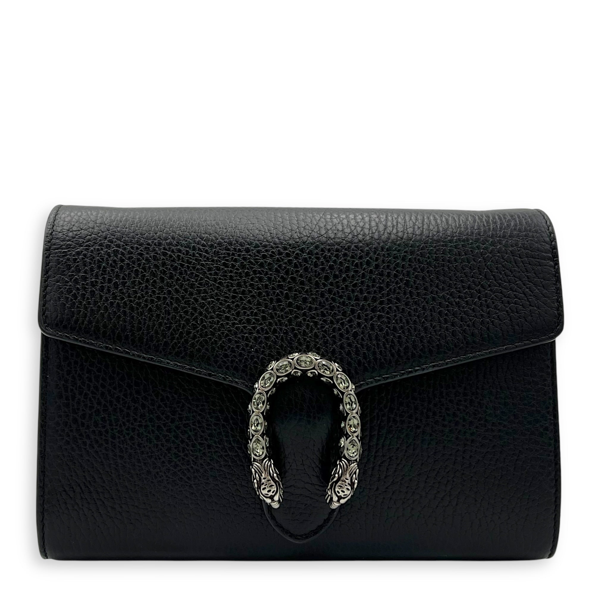 Dionysus Black Wallet On Chain in Calfskin, Silver hardware