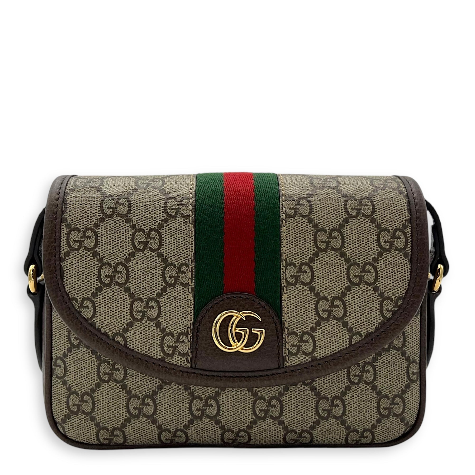 Ophidia Brown Crossbody Bag in Coated Canvas, Gold hardware