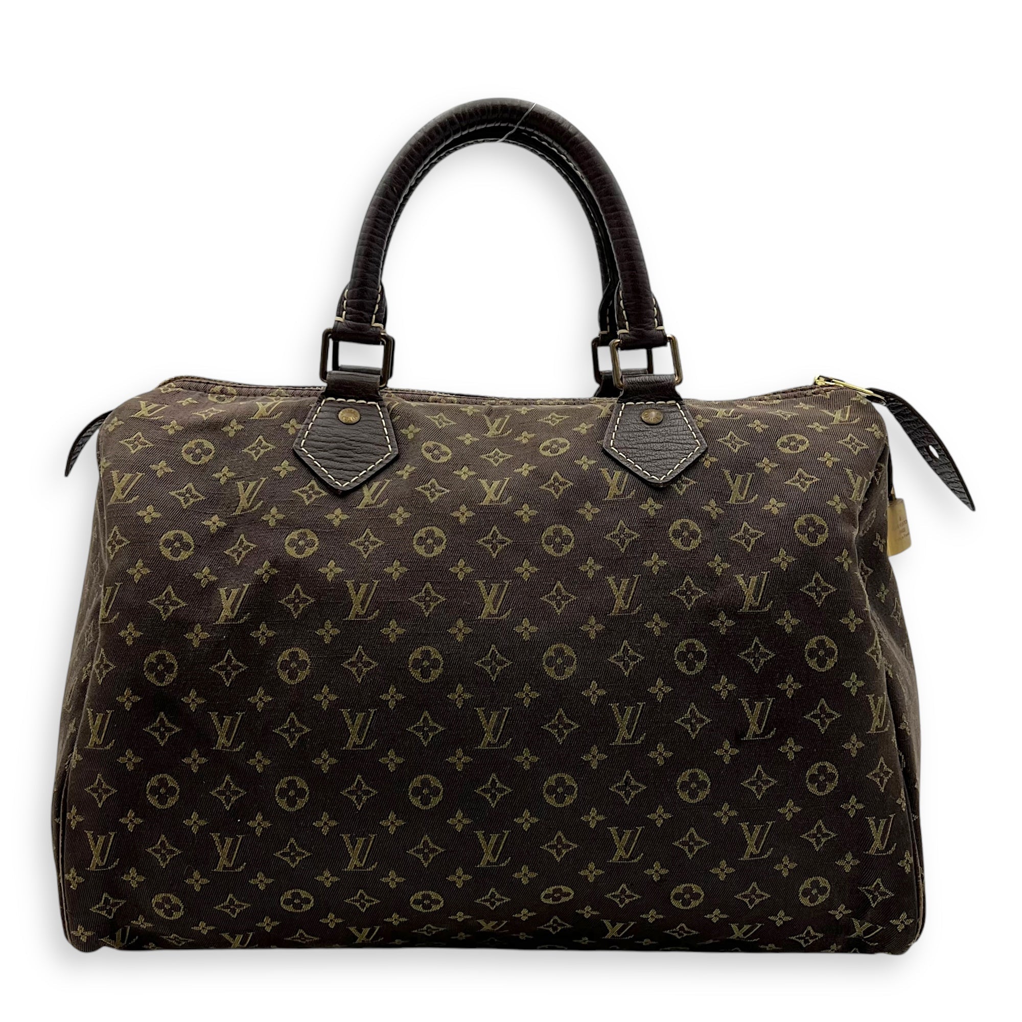Mini Lin Speedy 30 Brown Top Handle Bag in Jacquard, Gold hardware