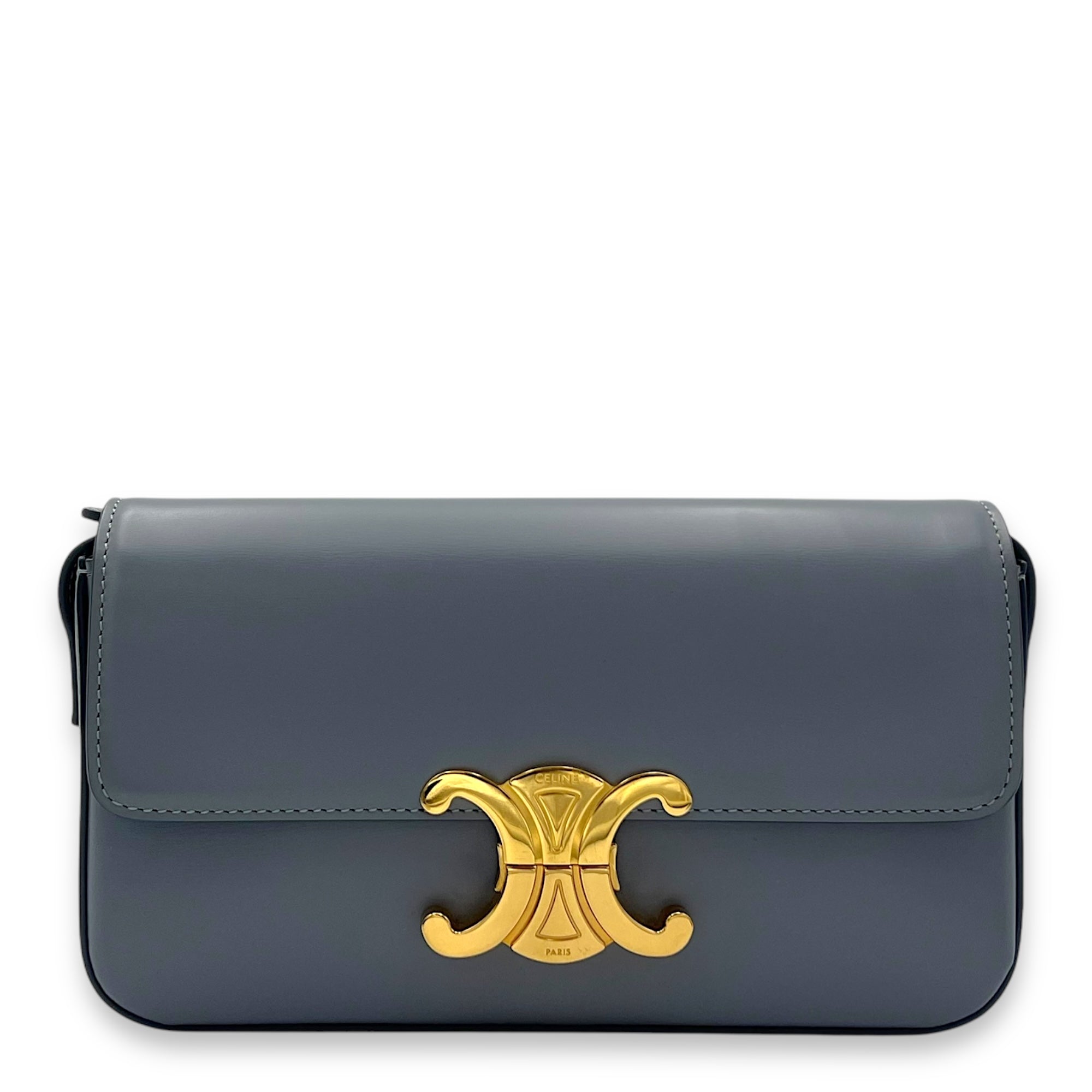 Triomphe Shoulder Bag Blue Grey in Calfskin, Gold hardware