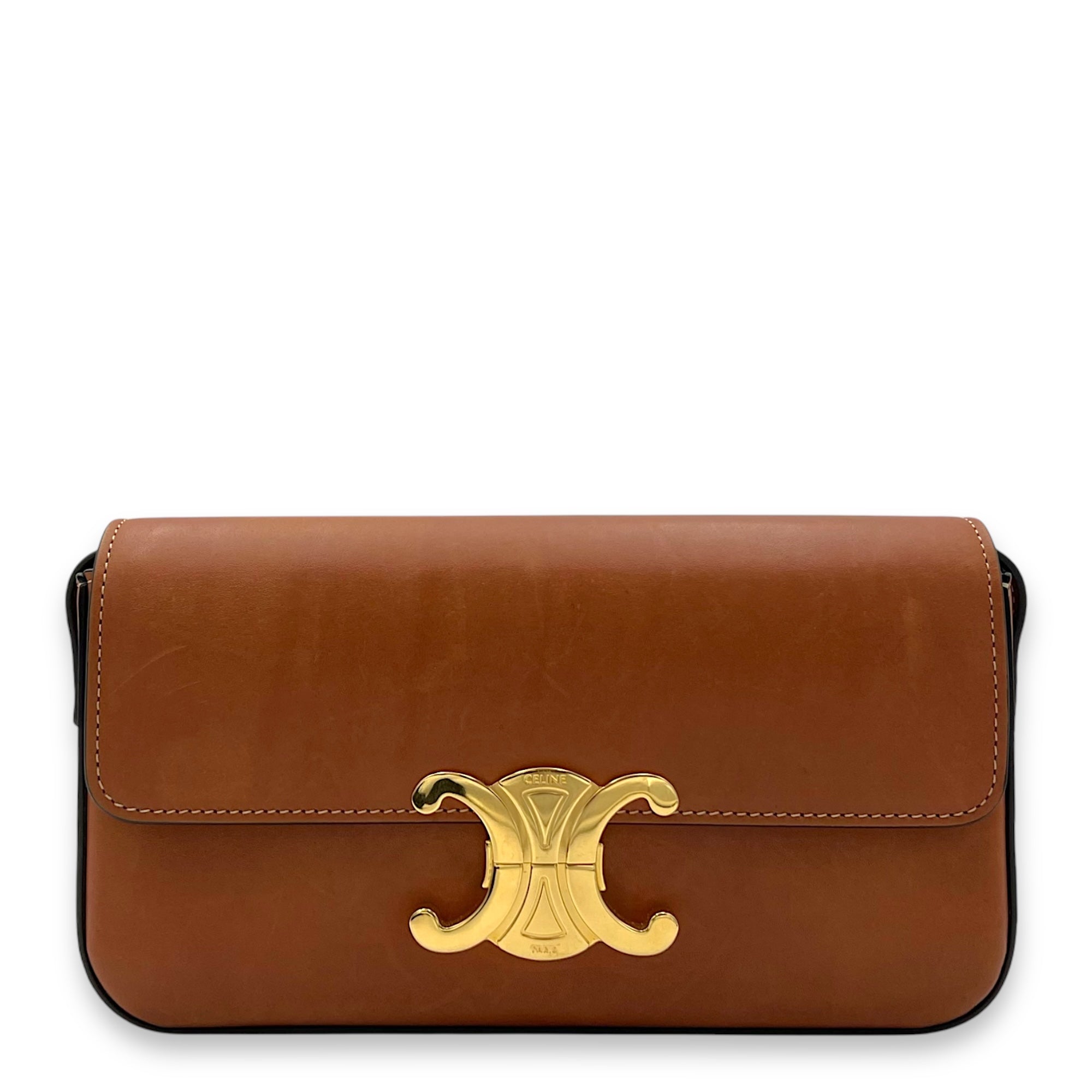 Triomphe Shoulder Bag Brown in Calfskin, Gold hardware