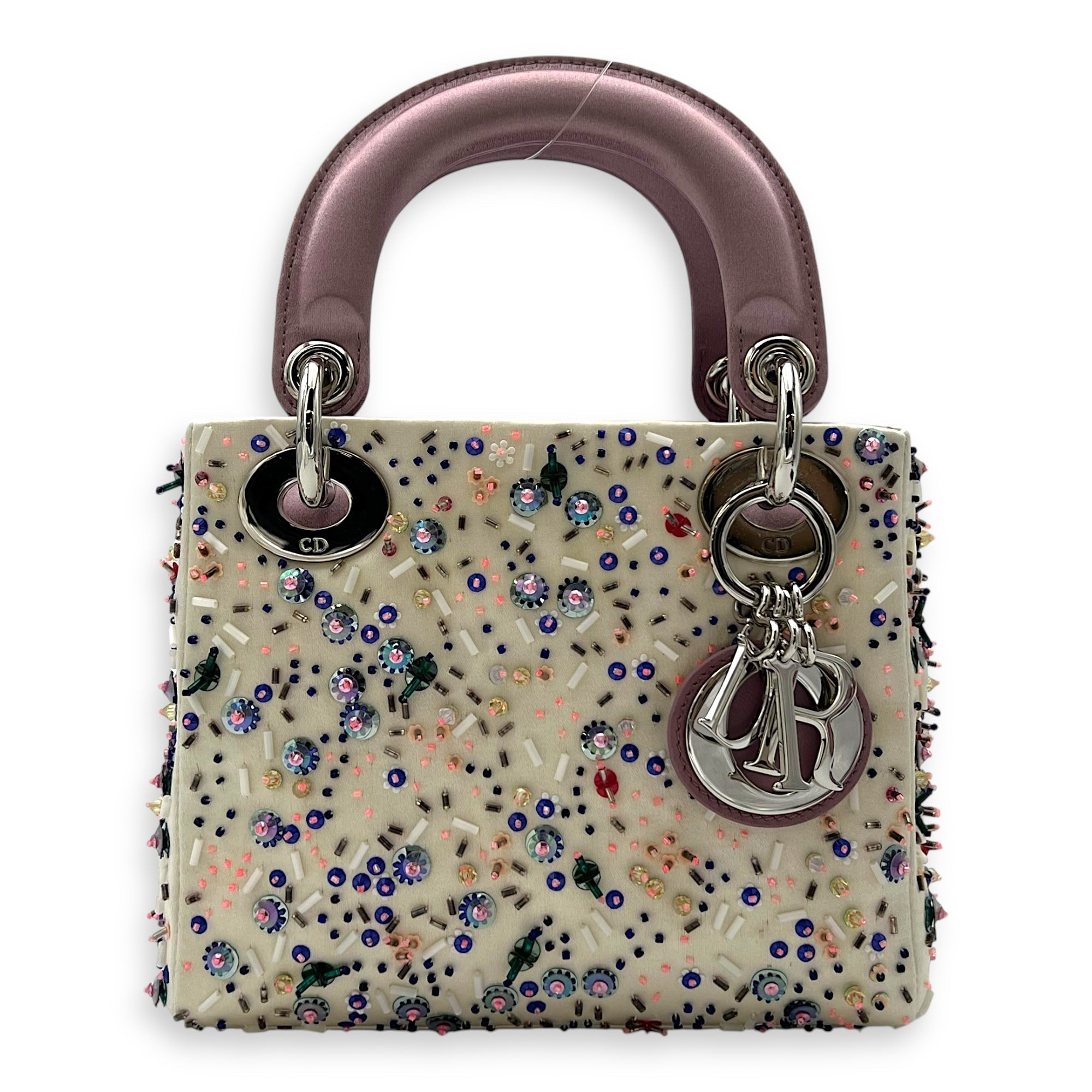 Lady Dior Mini Multi-colour Top Handle Bag in Satin, Silver hardware