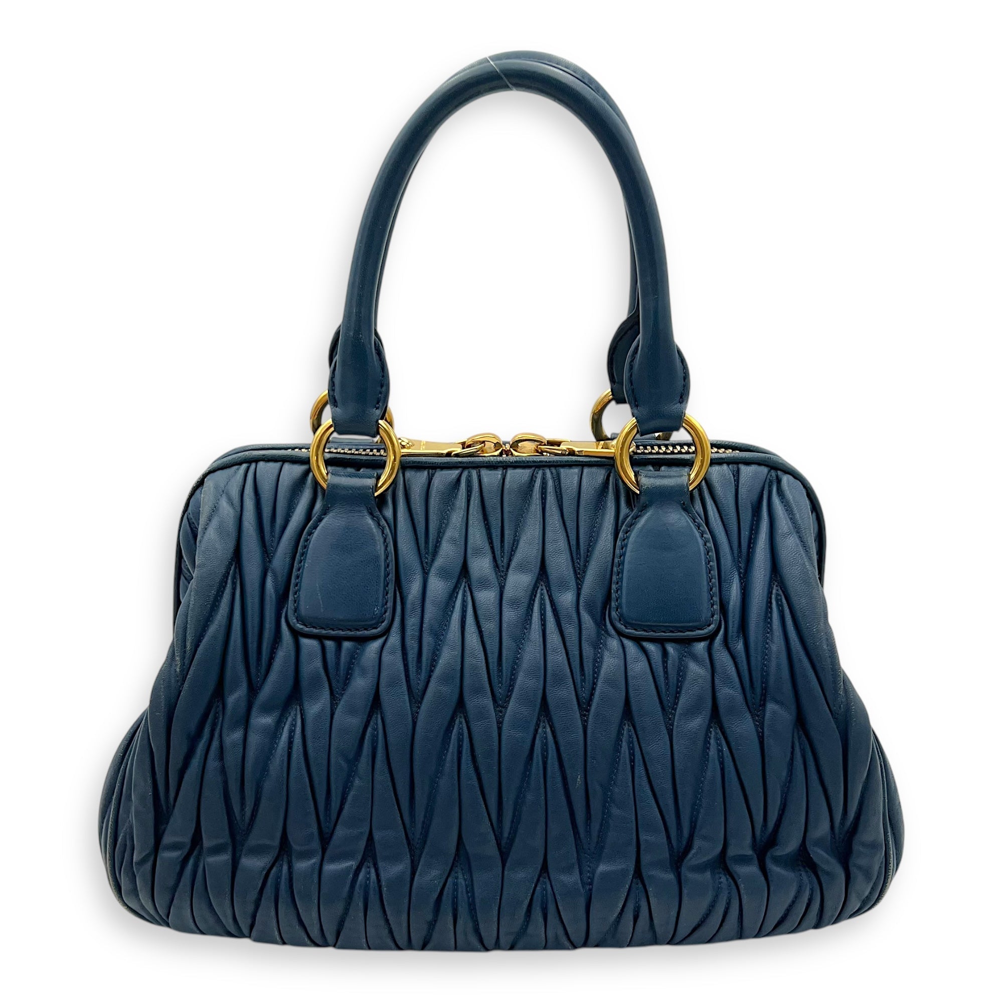 Gaufre Top Handle Bag Blue in Calfskin, Gold hardware