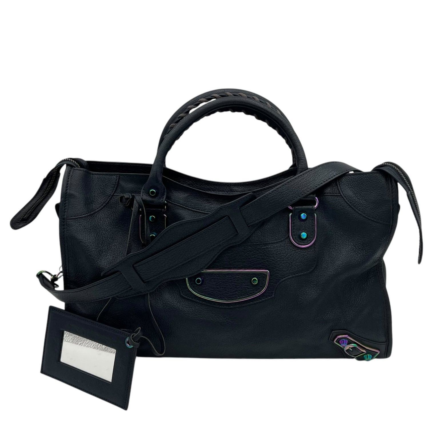 Metallic Edge Medium Blue Top Handle Bag in Goat Leather, Iridescent hardware