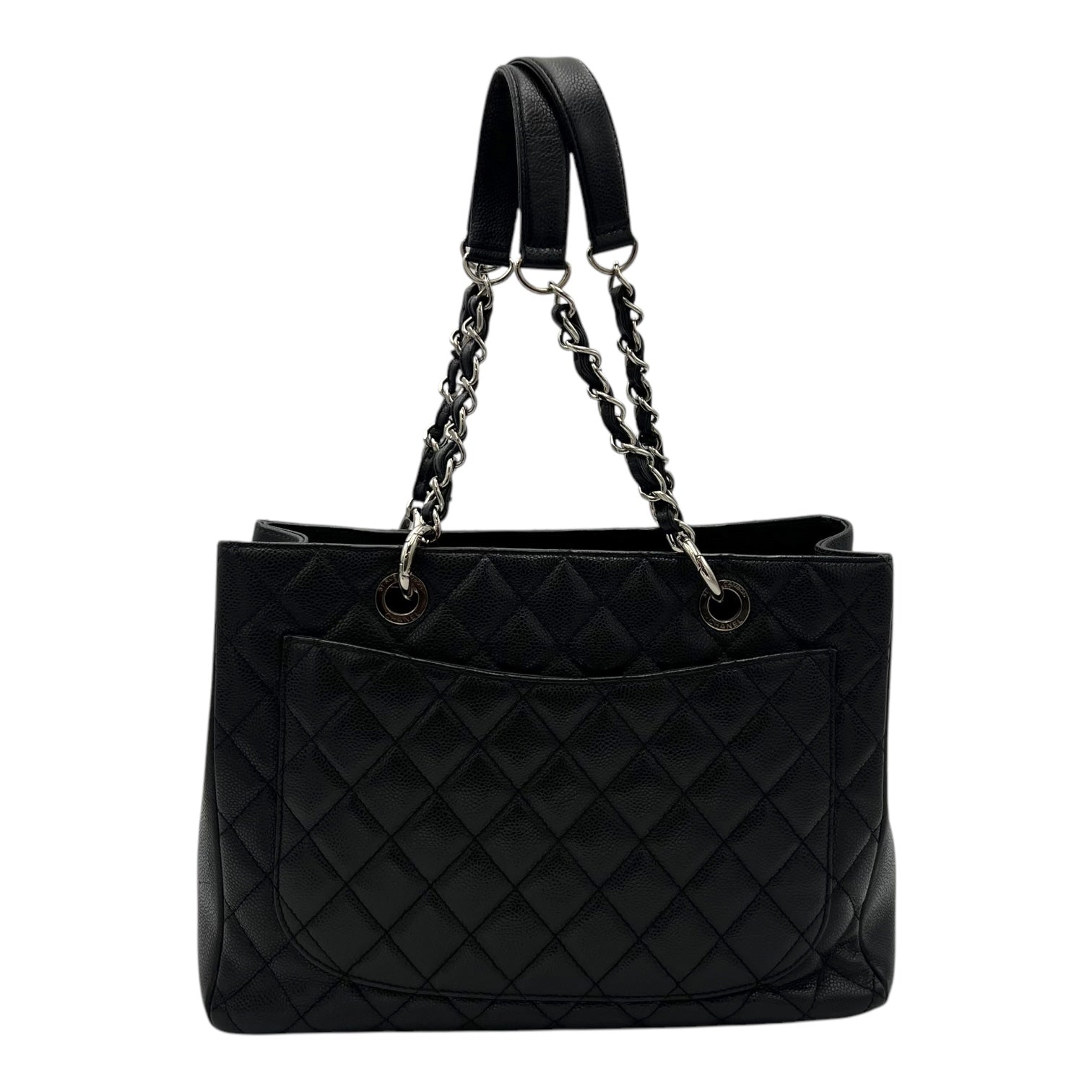 GST Black Tote Bag in Caviar Leather, Silver hardware