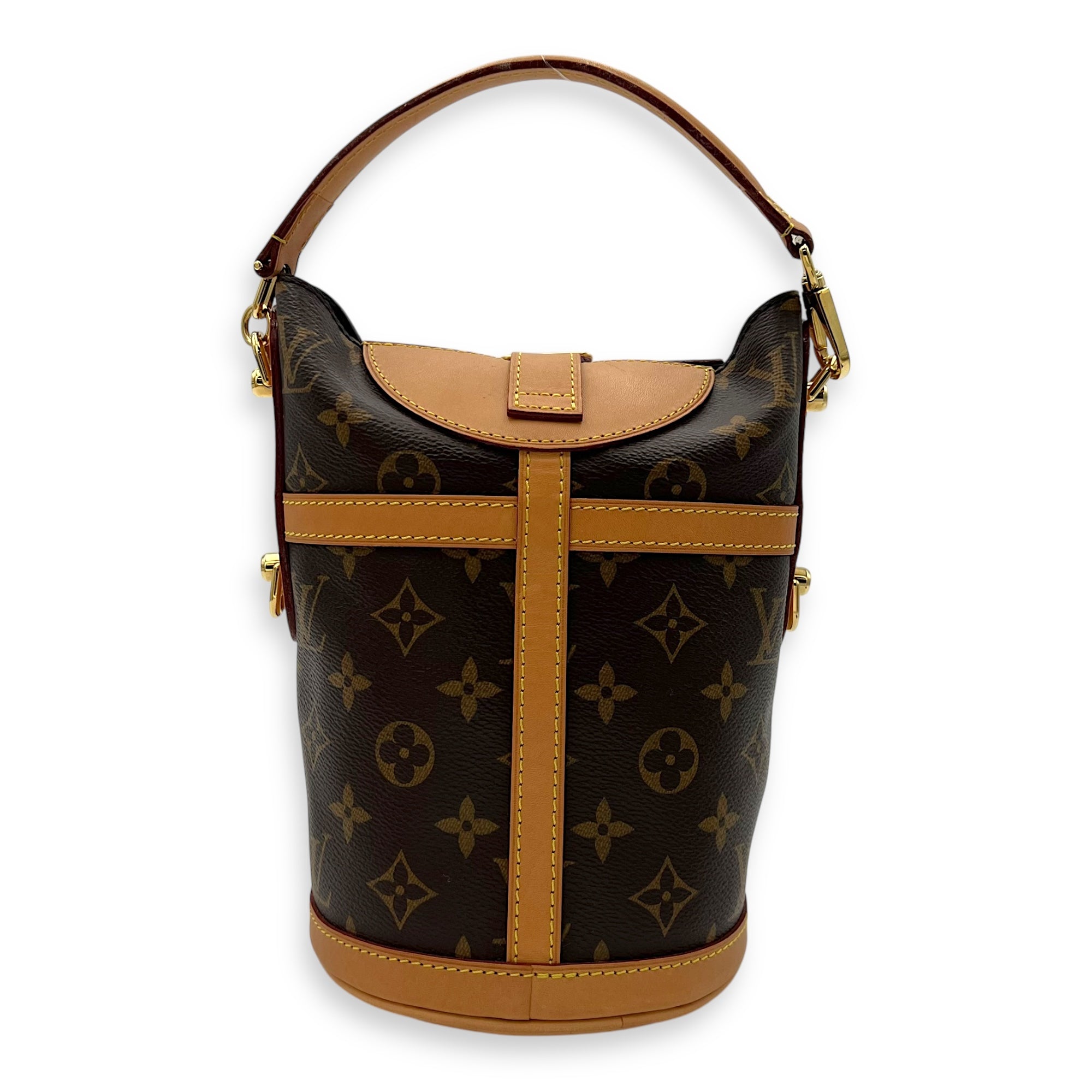 Duffle Brown Top Handle Bag in Monogram Coated Canvas, Gold hardware
