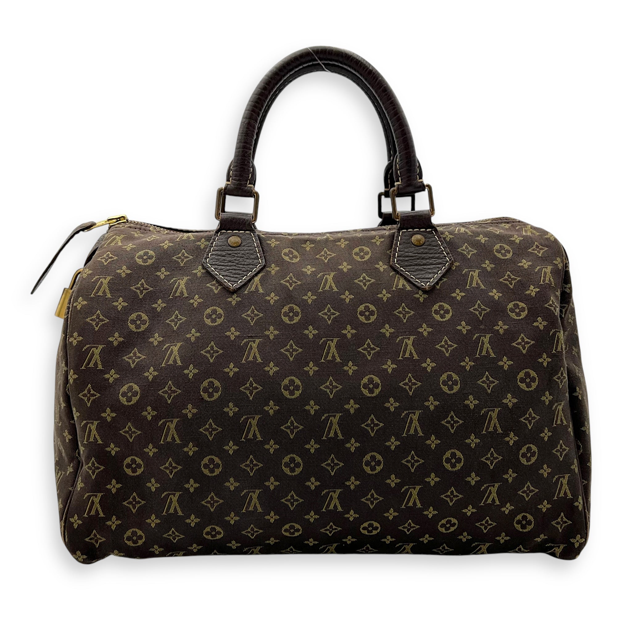 Mini Lin Speedy 30 Brown Top Handle Bag in Jacquard, Gold hardware