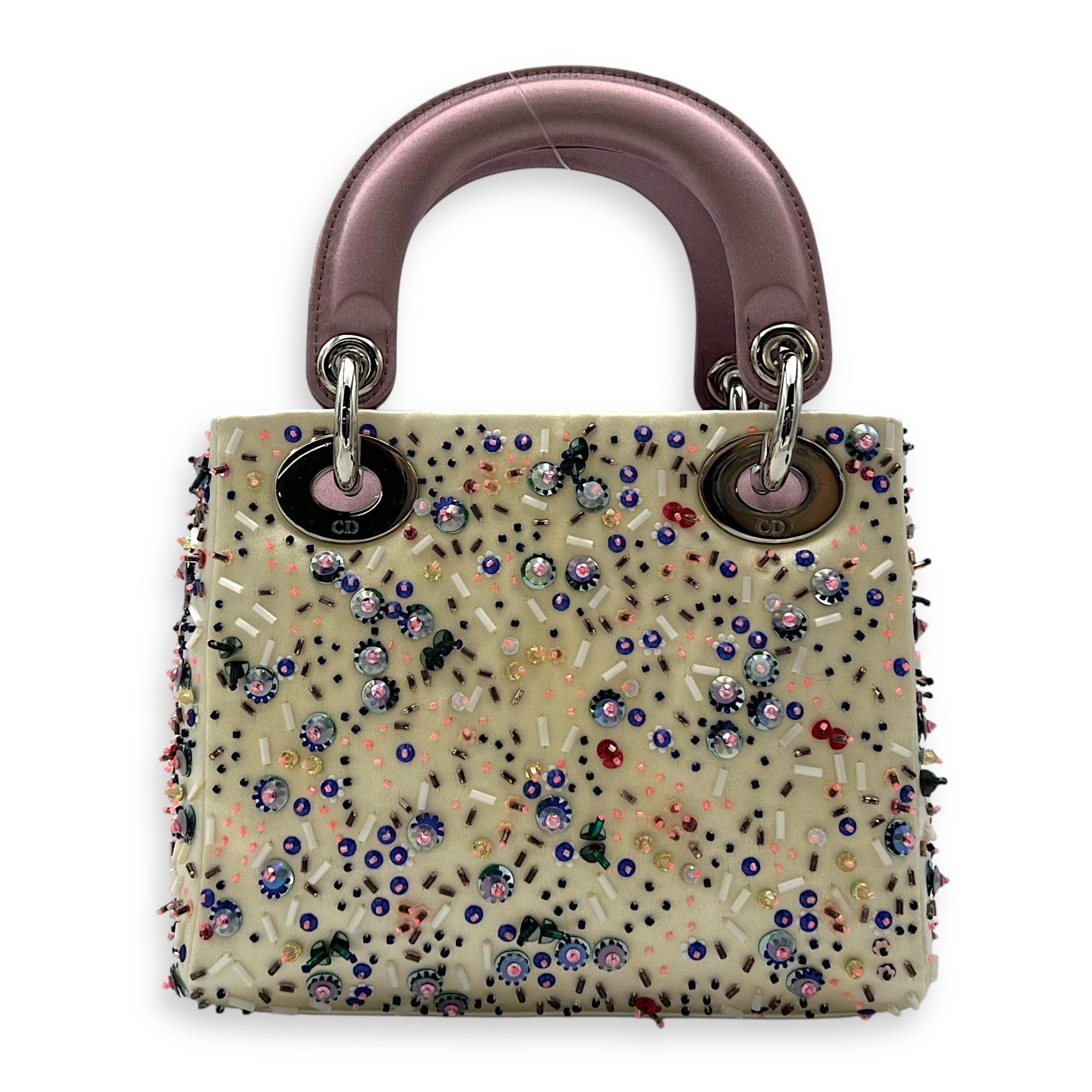 Lady Dior Mini Multi-colour Top Handle Bag in Satin, Silver hardware
