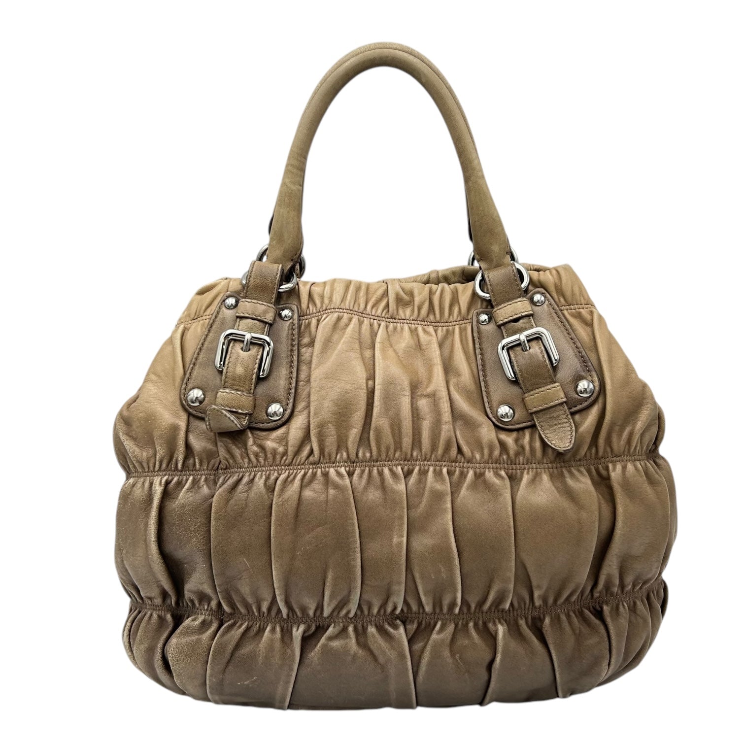 Gaufre Top Handle Bag Brown in Calfskin, Silver hardware