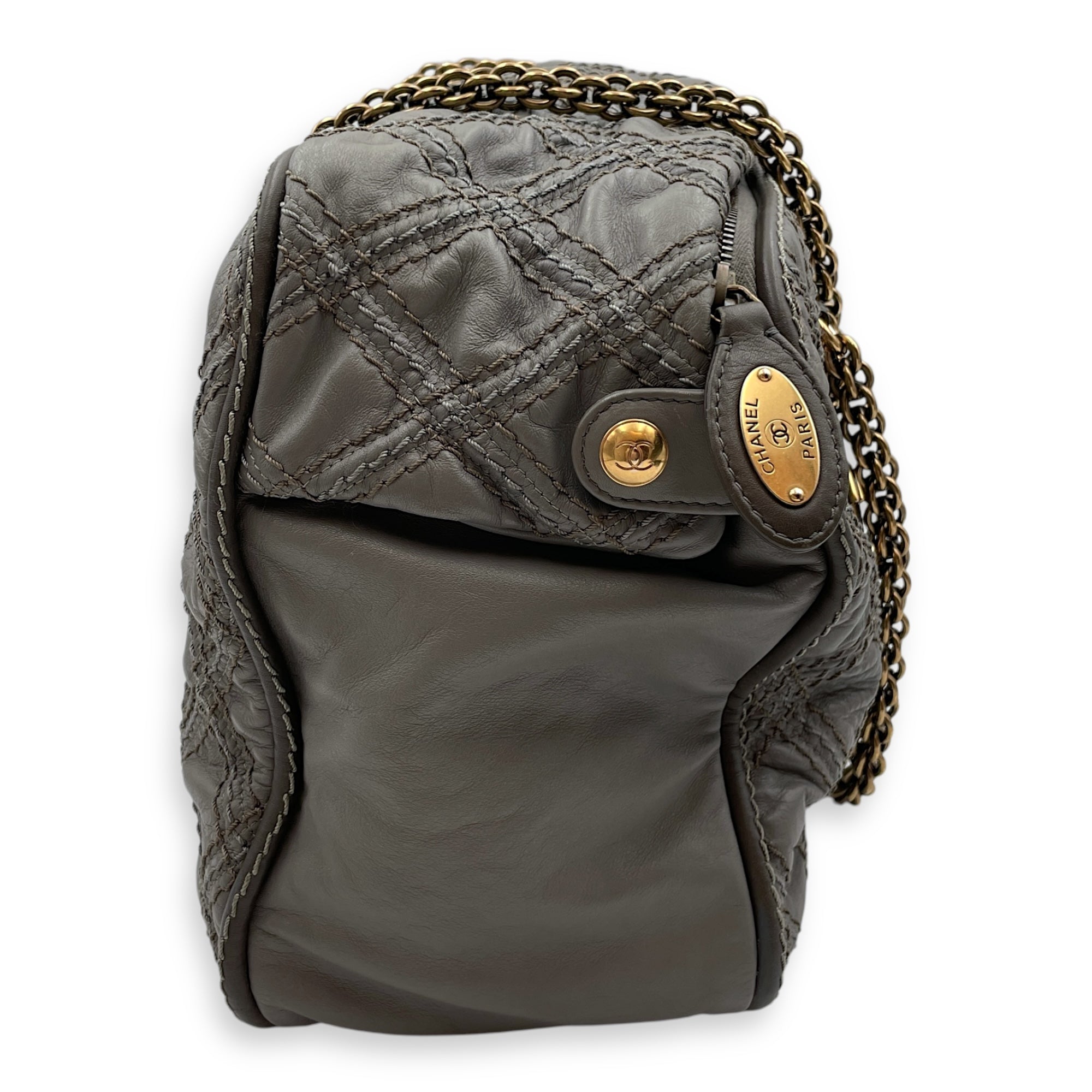 Quilted Stitches Triptych Grey Tote Bag in Calfskin, Gold hardware