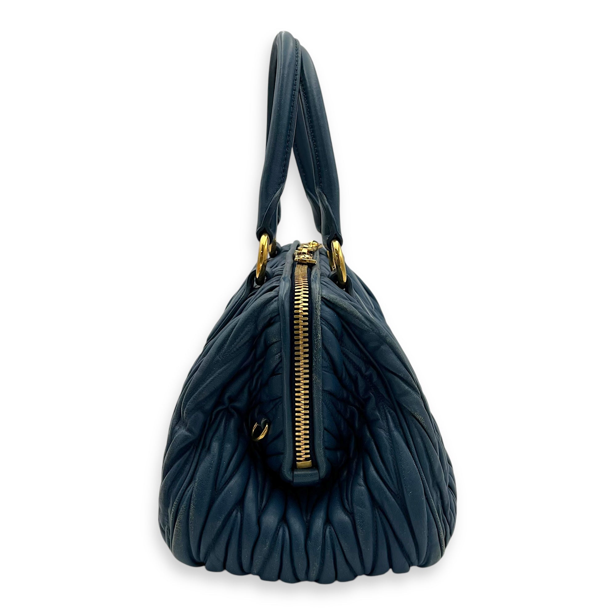 Gaufre Top Handle Bag Blue in Calfskin, Gold hardware
