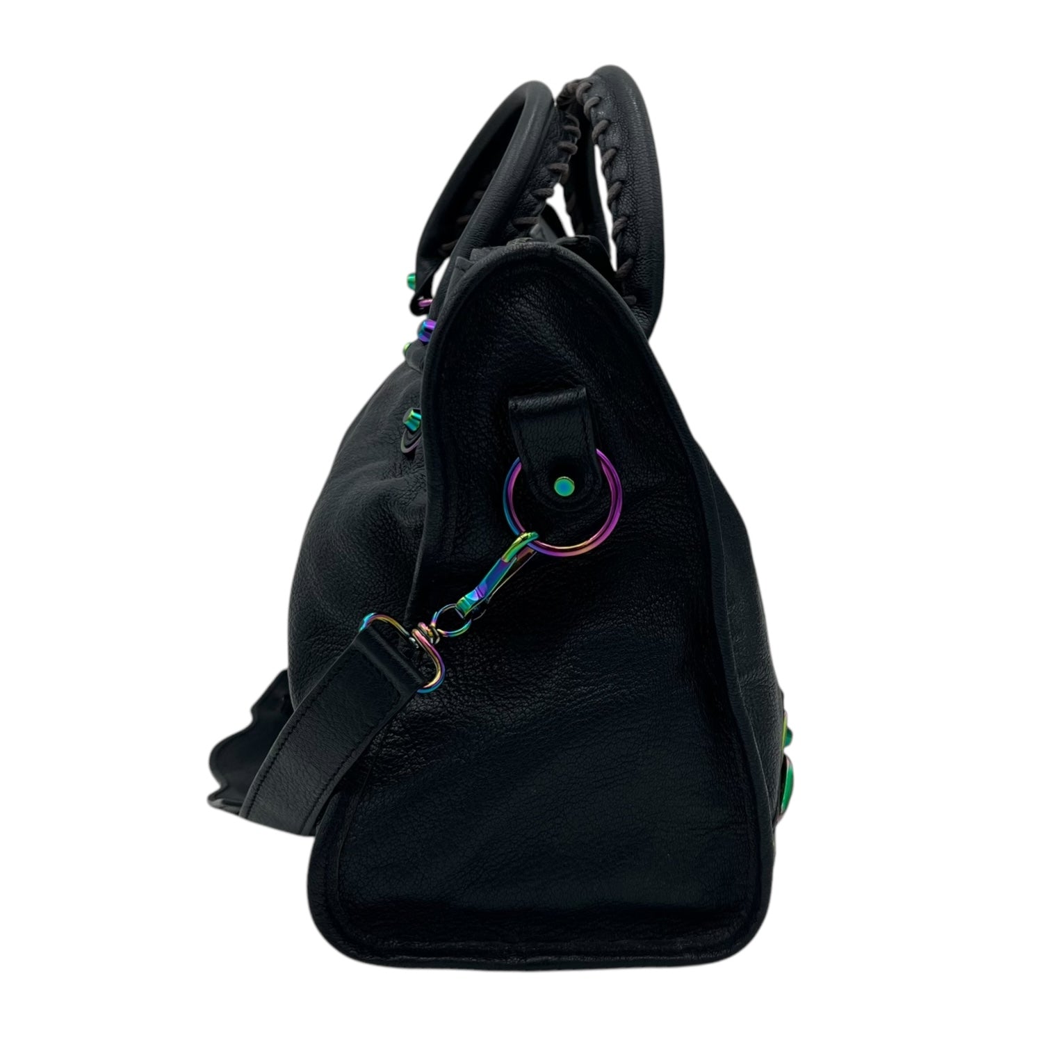 Metallic Edge Medium Blue Top Handle Bag in Goat Leather, Iridescent hardware