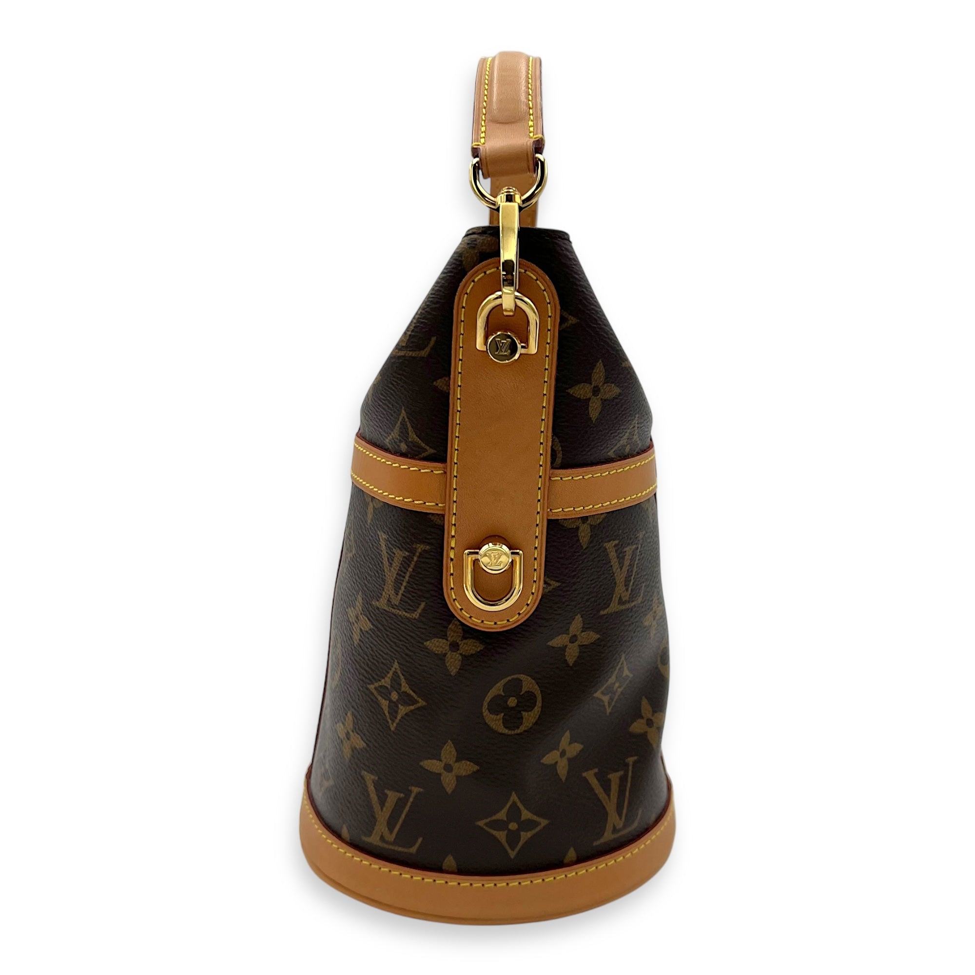 Duffle Brown Top Handle Bag in Monogram Coated Canvas, Gold hardware