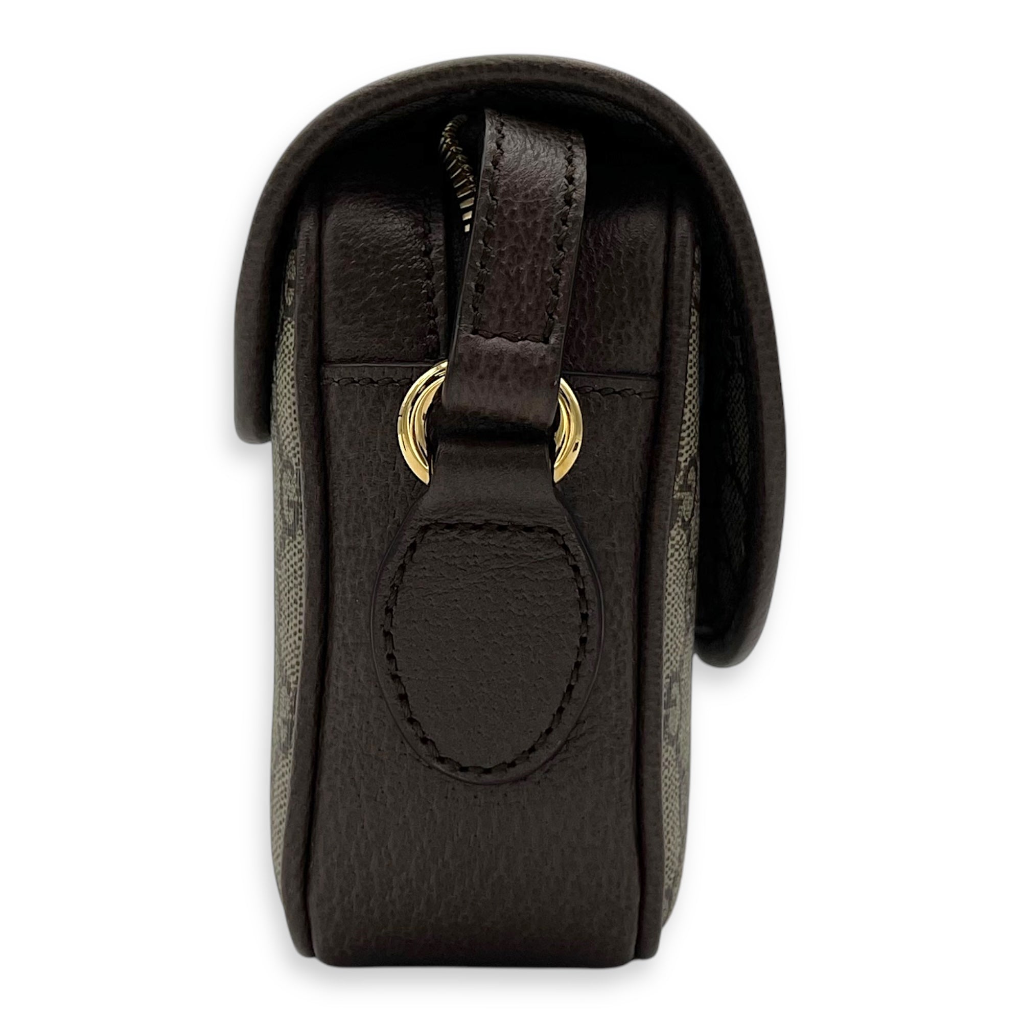 Ophidia Brown Crossbody Bag in Coated Canvas, Gold hardware