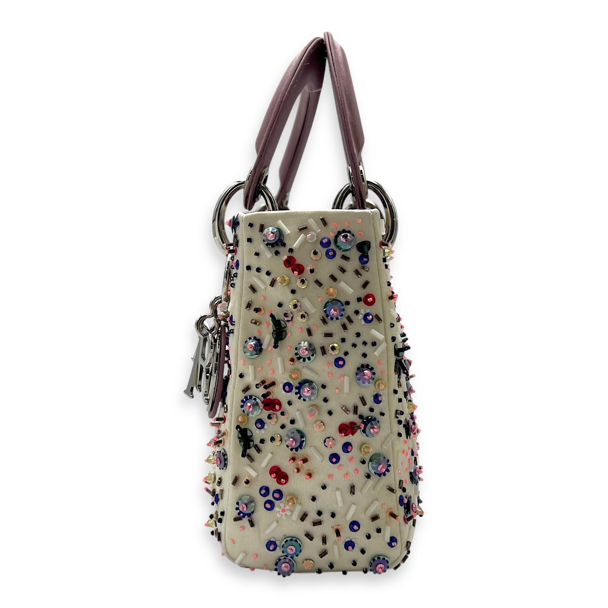 Lady Dior Mini Multi-colour Top Handle Bag in Satin, Silver hardware
