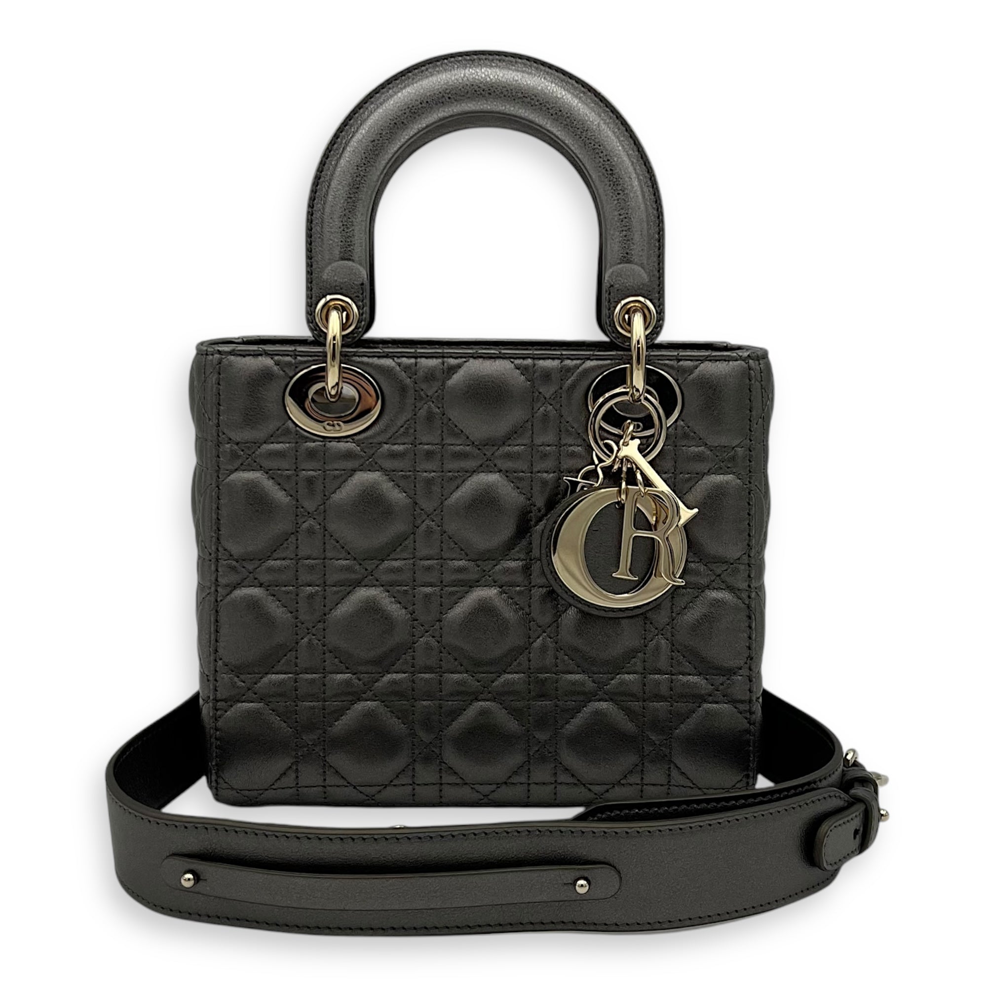Lady Dior Small Grey Top Handle Bag in Calfskin, Gold hardware