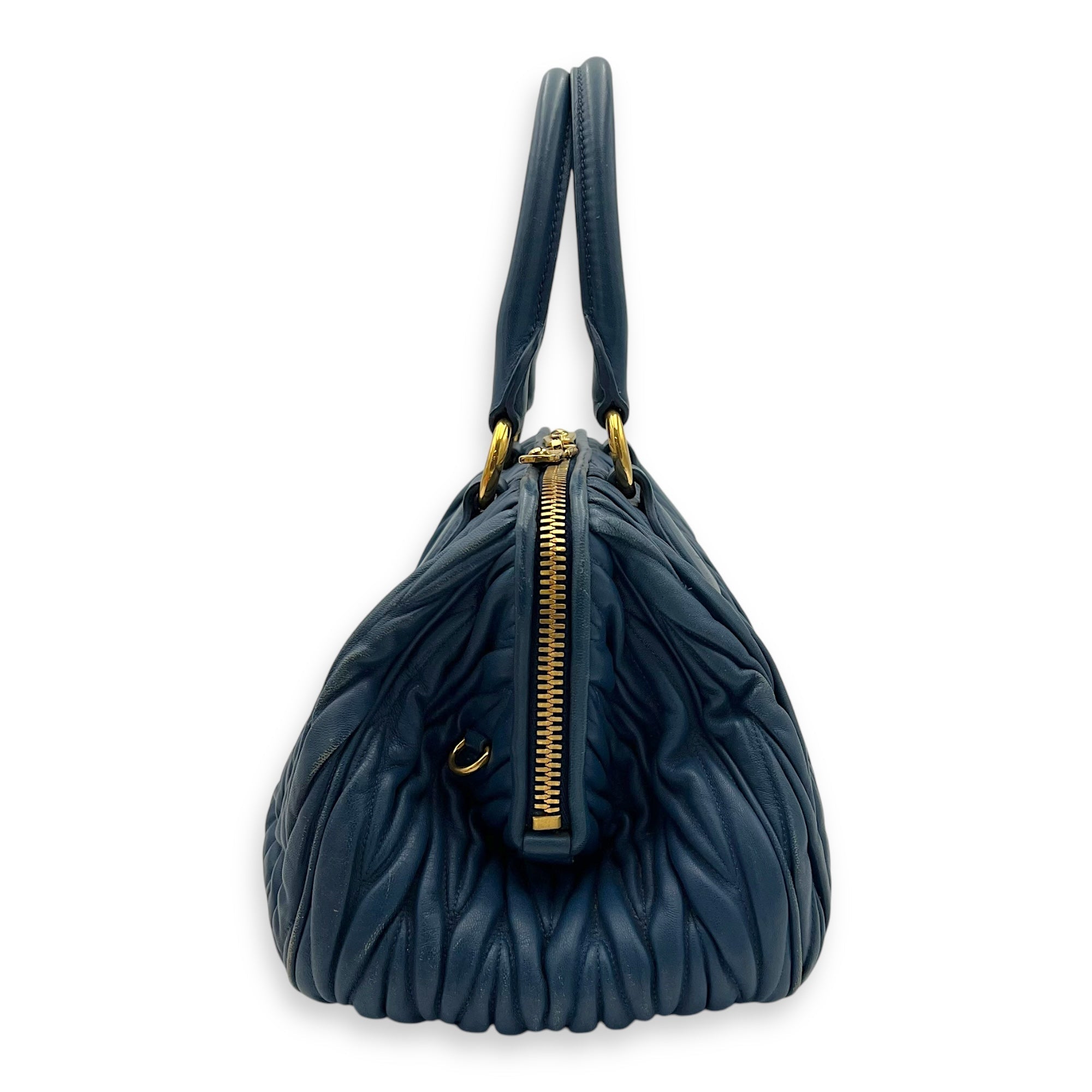 Gaufre Top Handle Bag Blue in Calfskin, Gold hardware