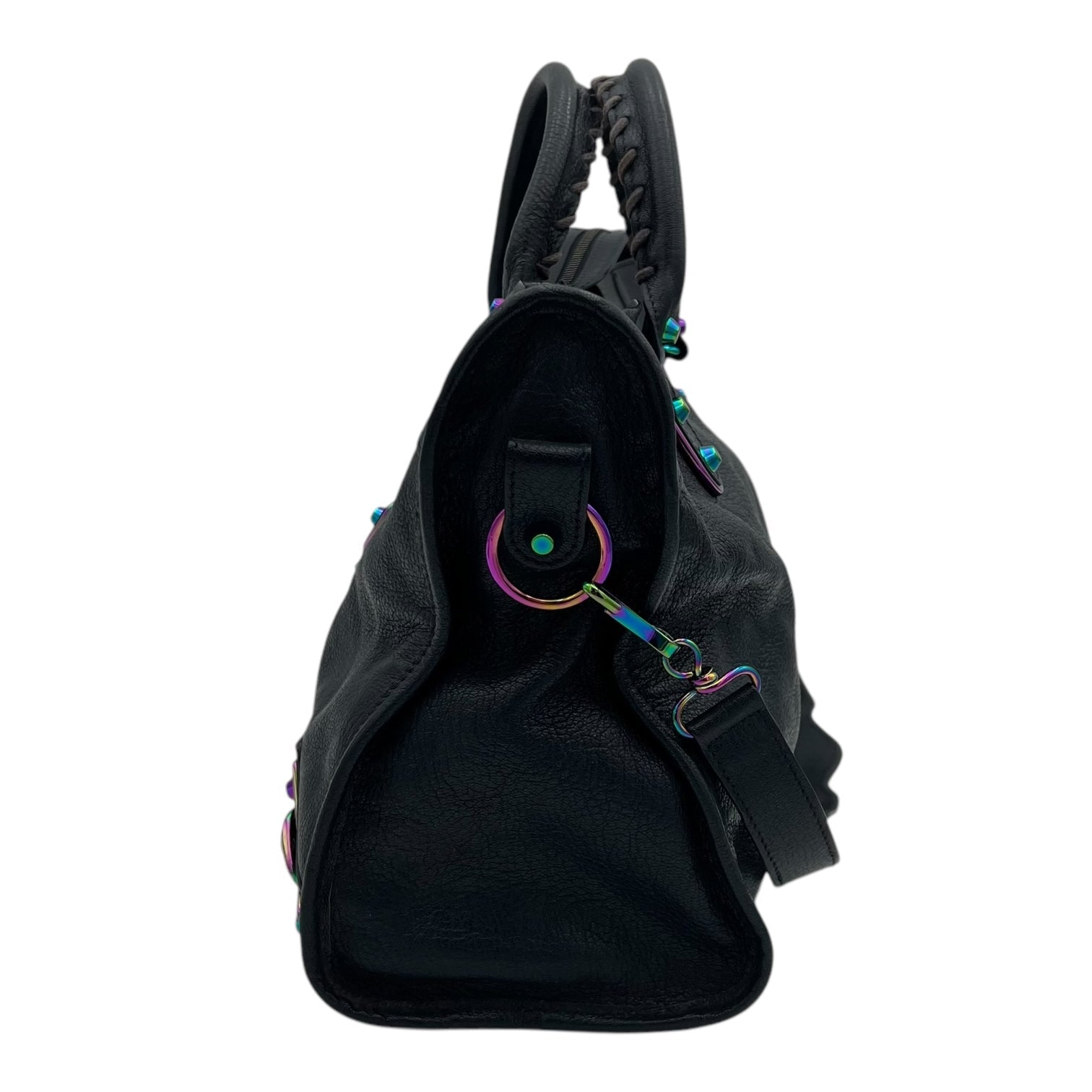 Metallic Edge Medium Blue Top Handle Bag in Goat Leather, Iridescent hardware