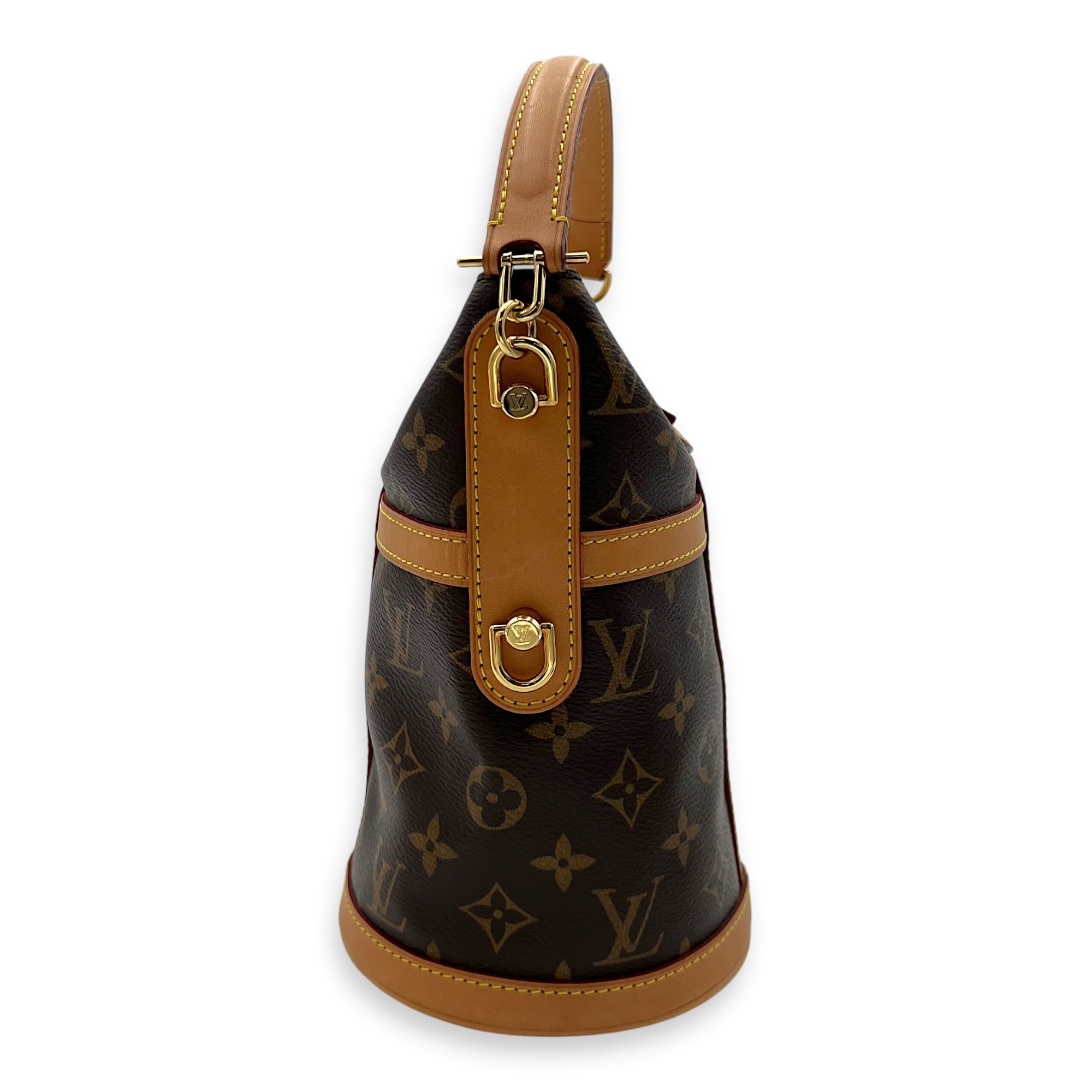 Duffle Brown Top Handle Bag in Monogram Coated Canvas, Gold hardware