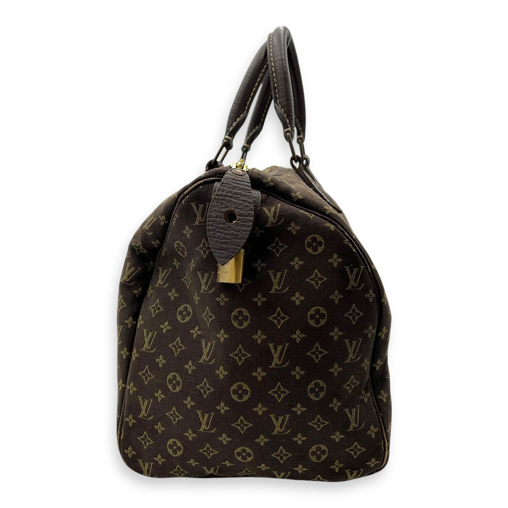 Mini Lin Speedy 30 Brown Top Handle Bag in Jacquard, Gold hardware