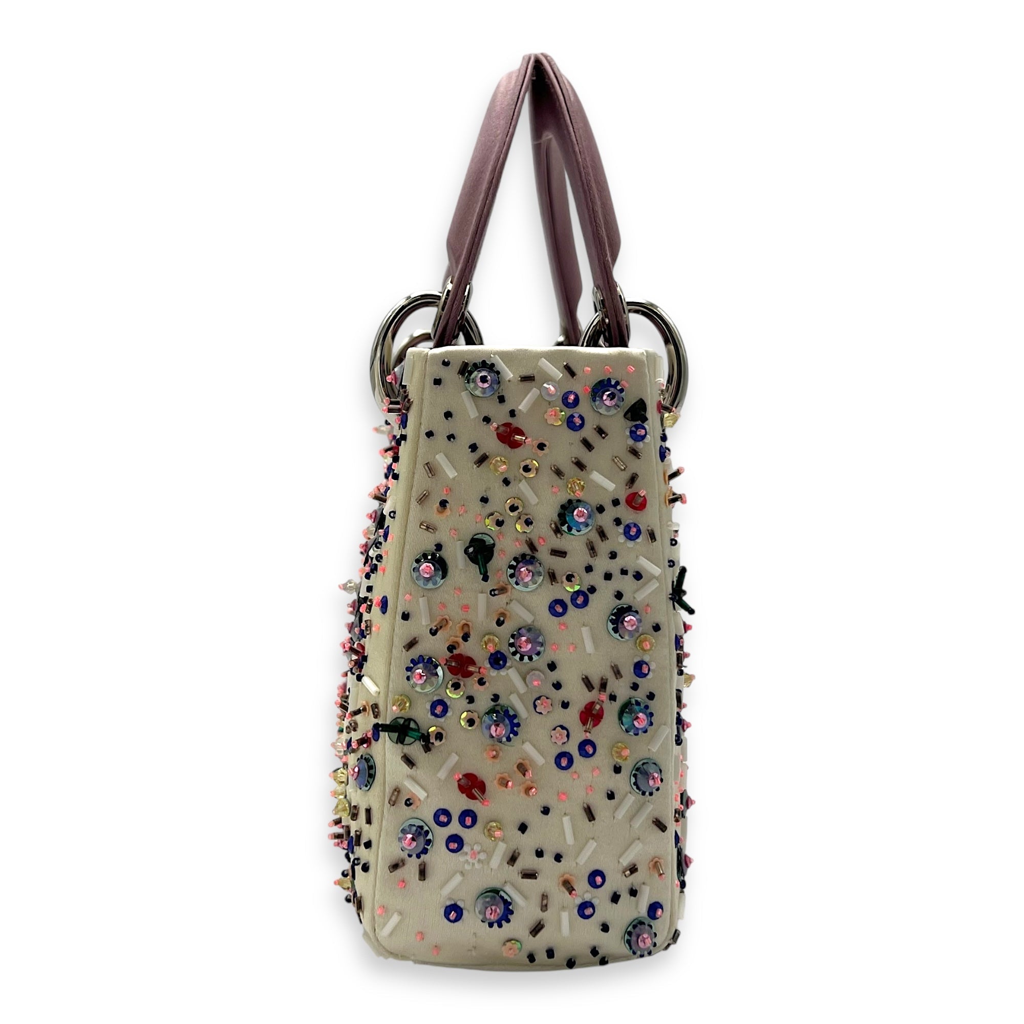 Lady Dior Mini Multi-colour Top Handle Bag in Satin, Silver hardware