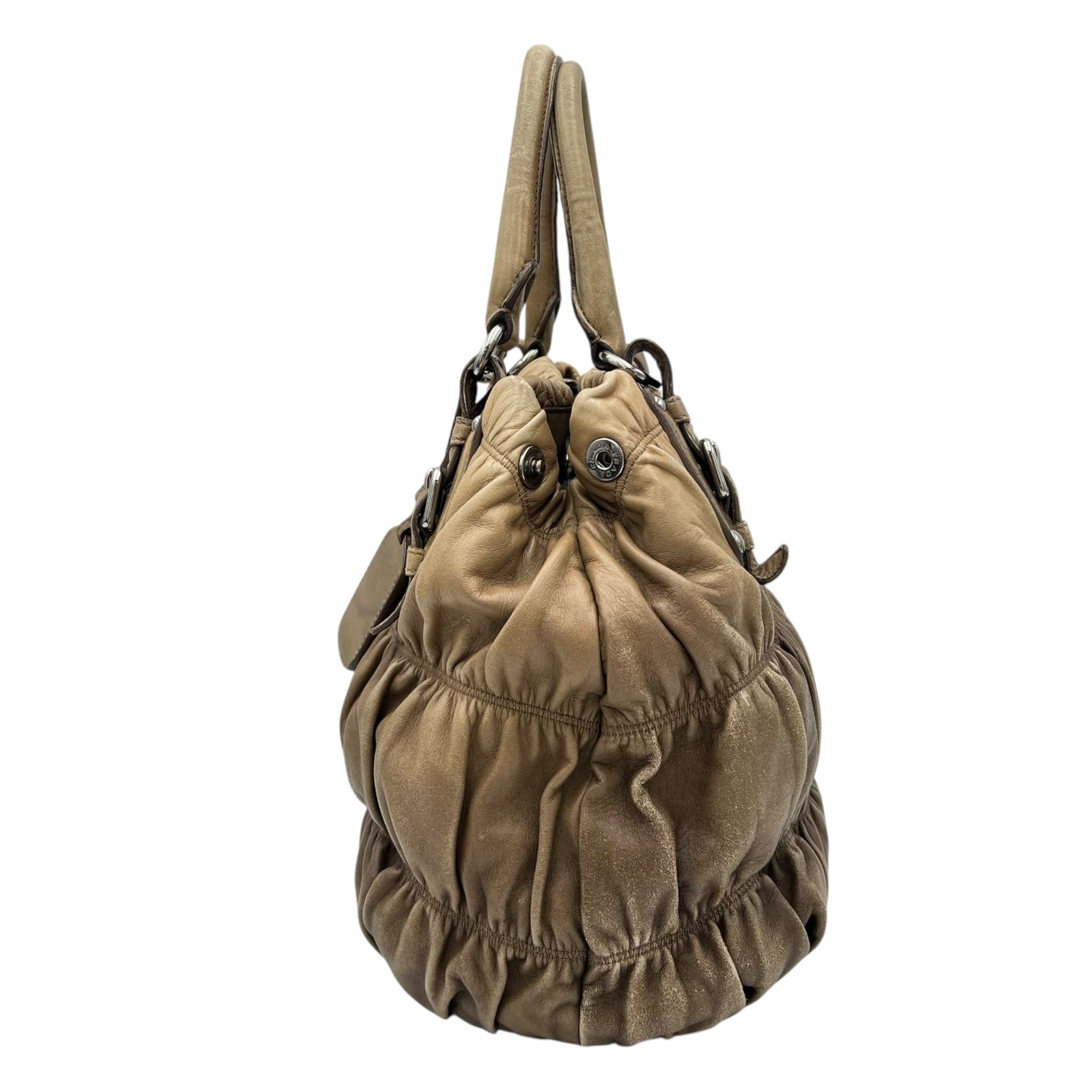 Gaufre Top Handle Bag Brown in Calfskin, Silver hardware