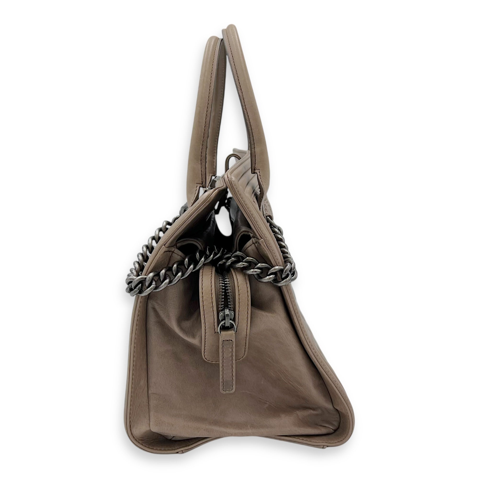Boy Top Handle Bag Beige in Calfskin, Gunmetal hardware