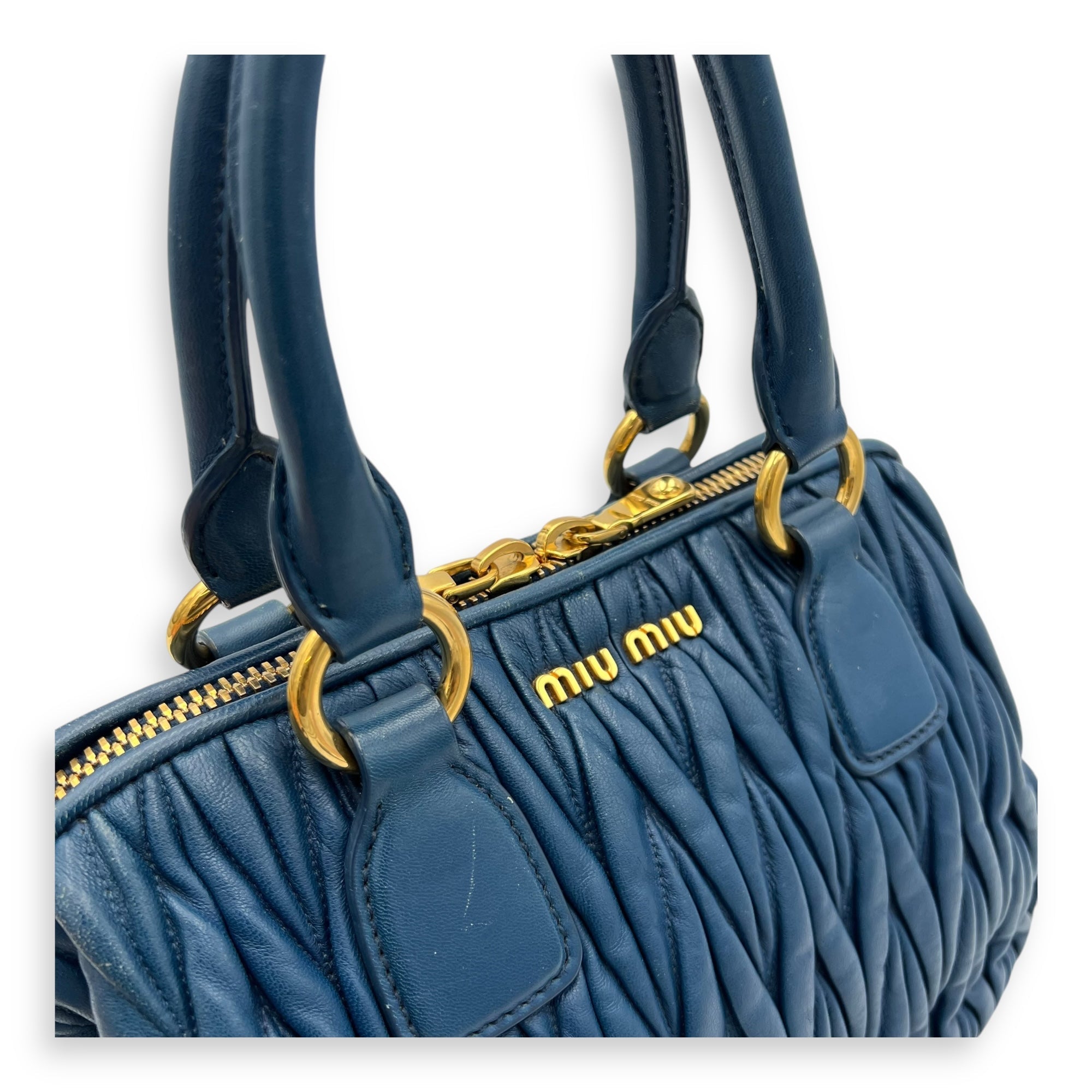Gaufre Top Handle Bag Blue in Calfskin, Gold hardware