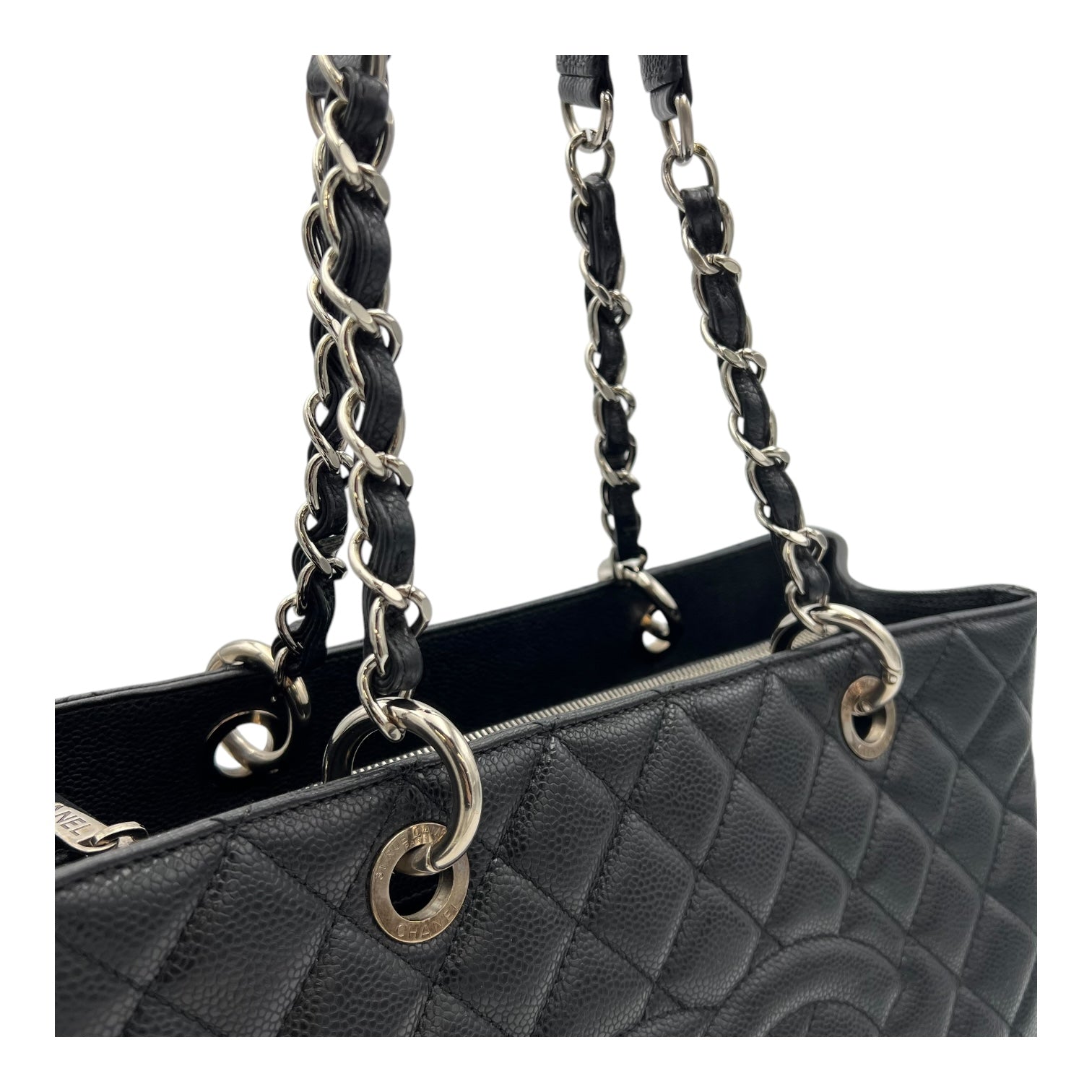 GST Black Tote Bag in Caviar Leather, Silver hardware