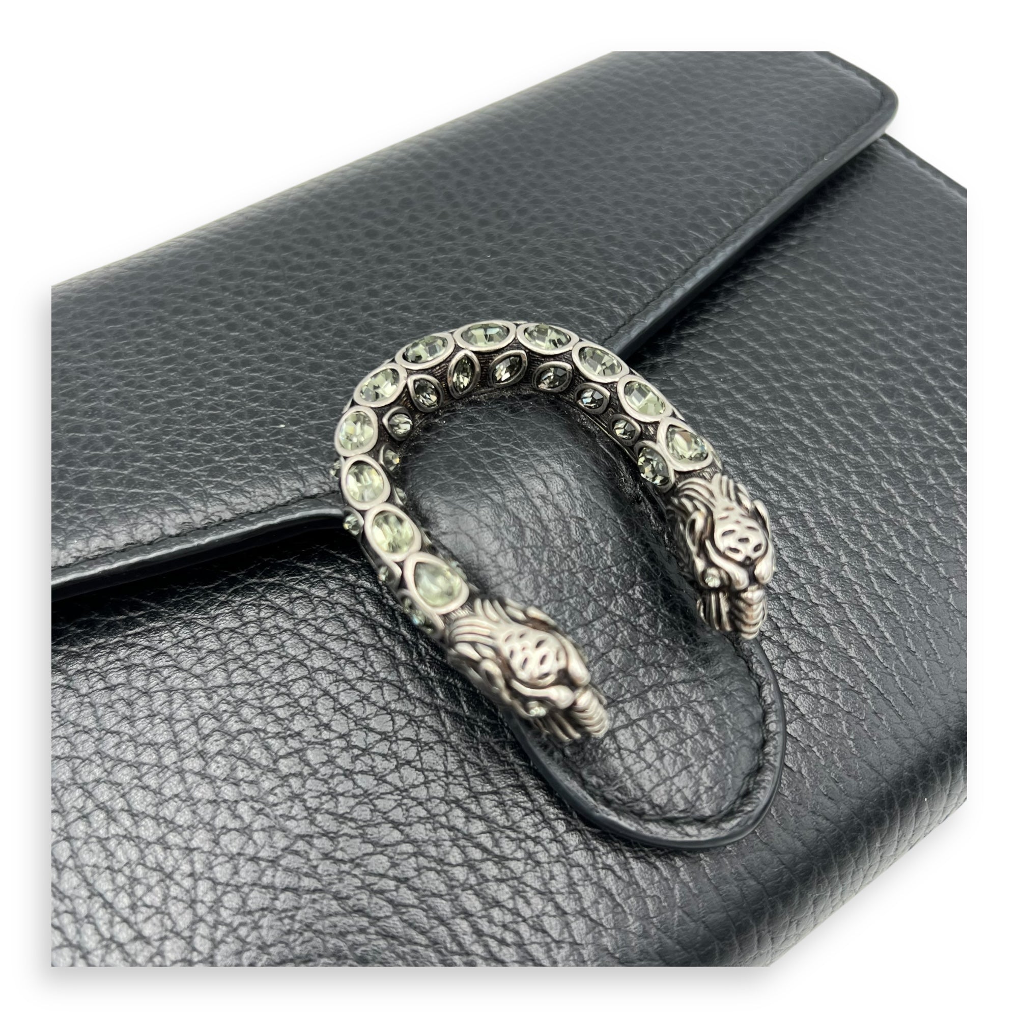 Dionysus Black Wallet On Chain in Calfskin, Silver hardware