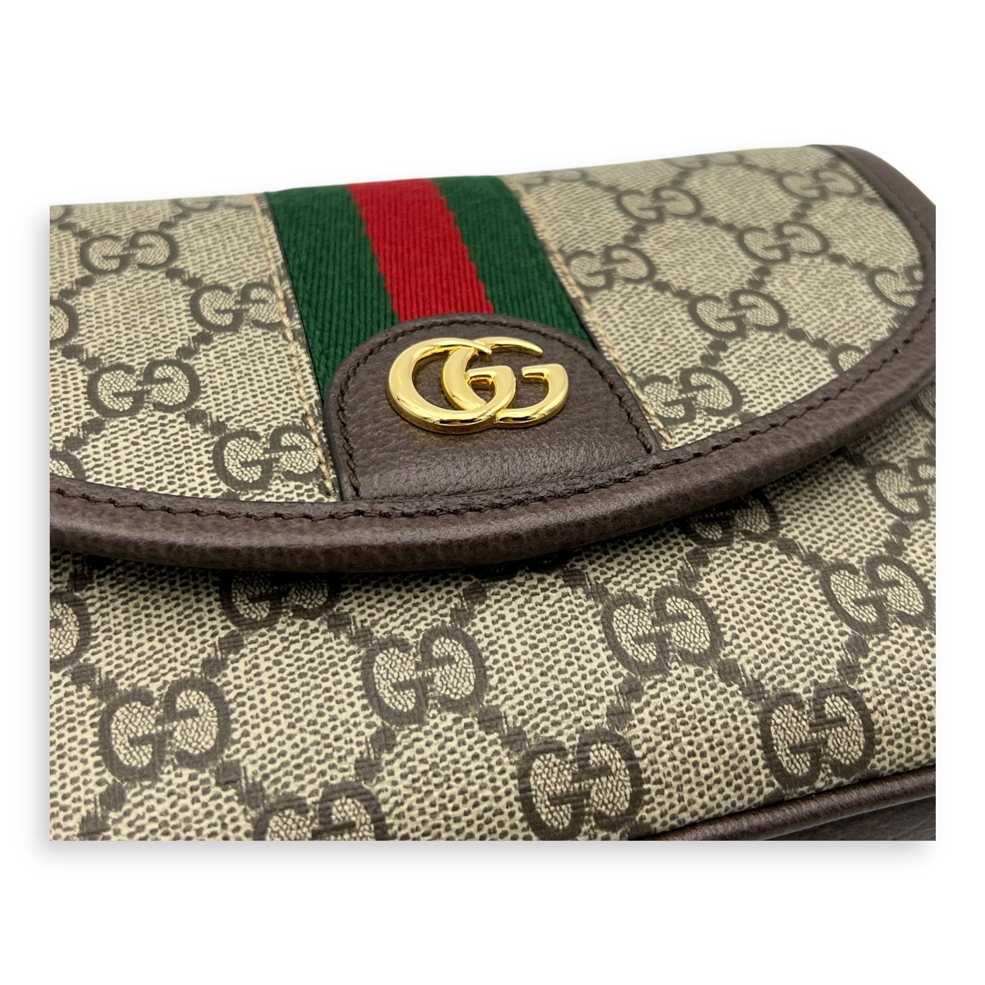 Ophidia Brown Crossbody Bag in Coated Canvas, Gold hardware