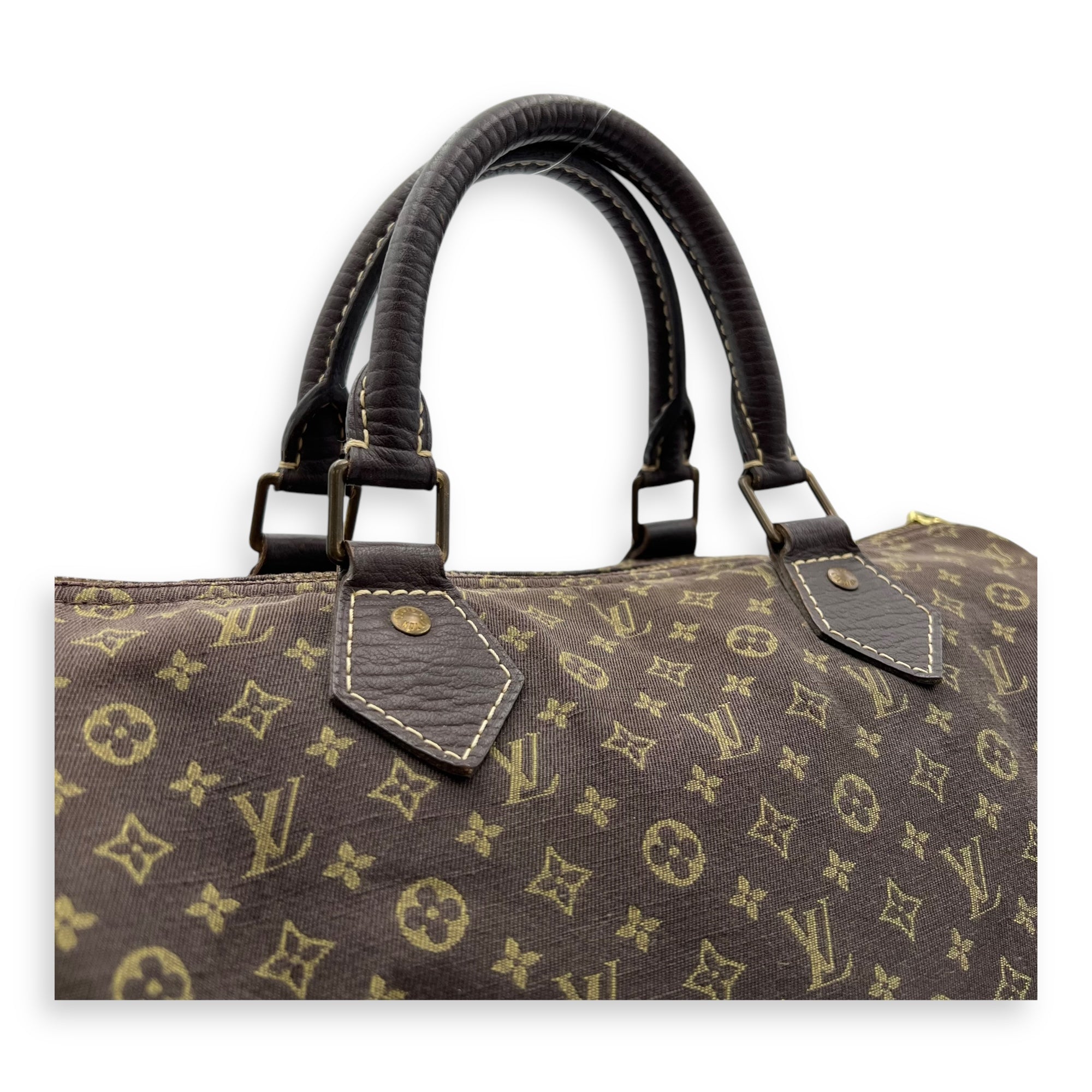 Mini Lin Speedy 30 Brown Top Handle Bag in Jacquard, Gold hardware