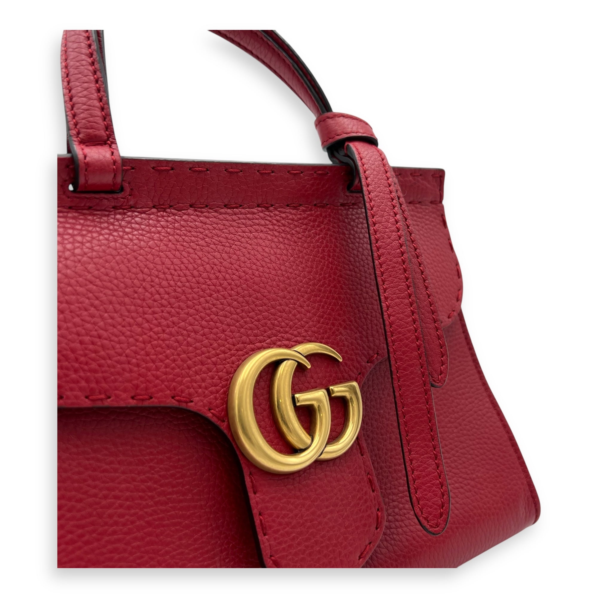 GG Marmont Top Handle Bag Red in Calfskin, Gold hardware