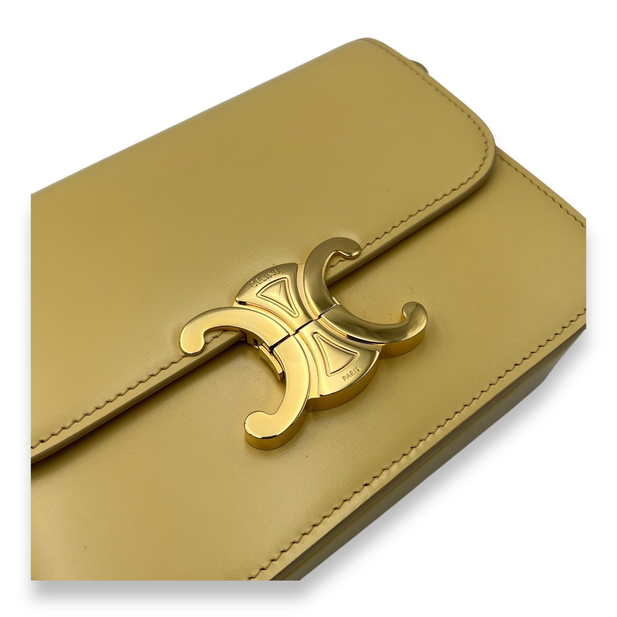 Triomphe Crossbody Bag Teen Yellow in Calfskin, Gold hardware