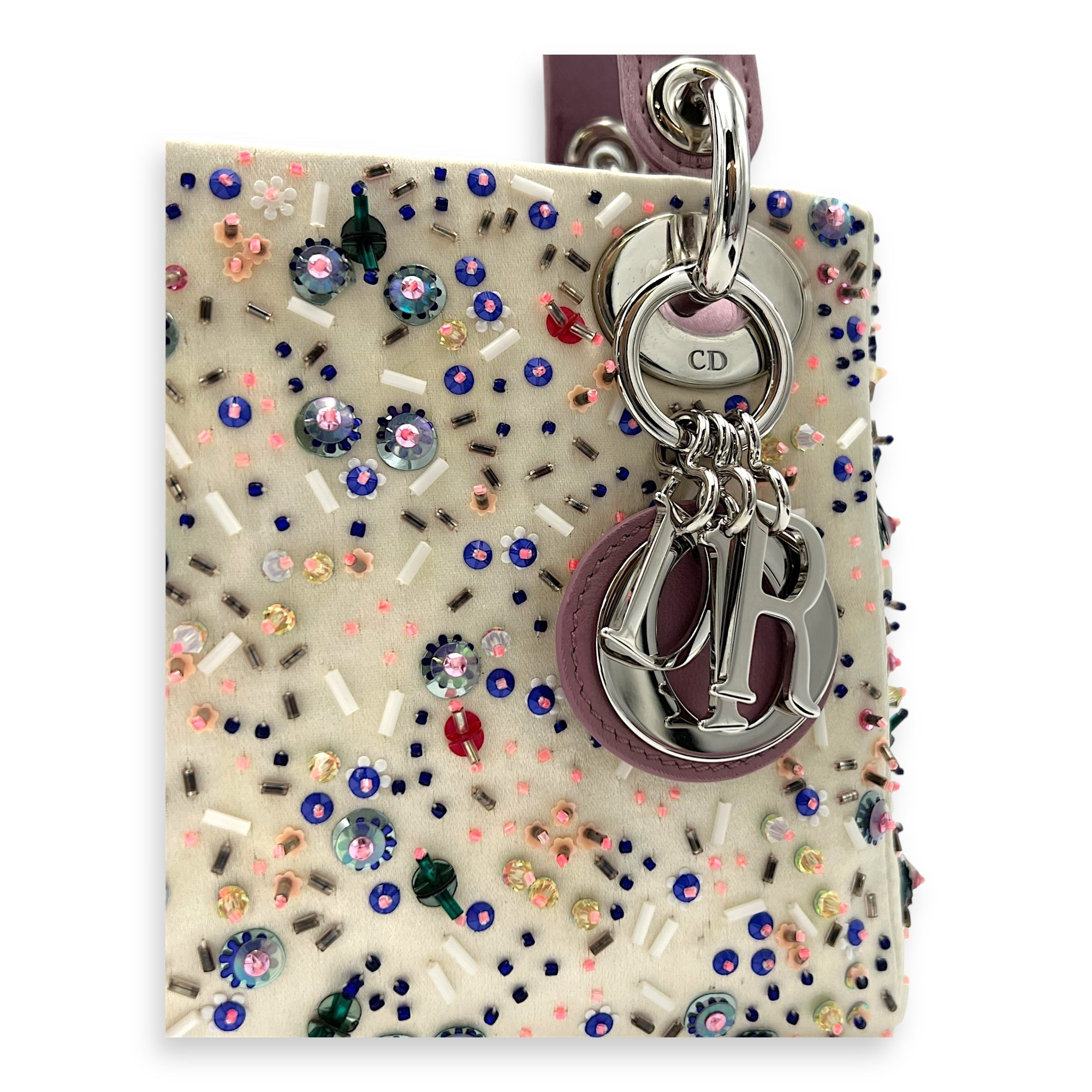 Lady Dior Mini Multi-colour Top Handle Bag in Satin, Silver hardware