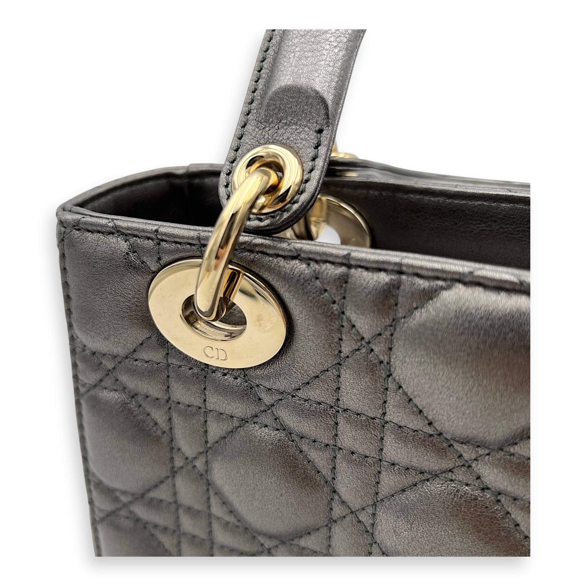 Lady Dior Small Grey Top Handle Bag in Calfskin, Gold hardware