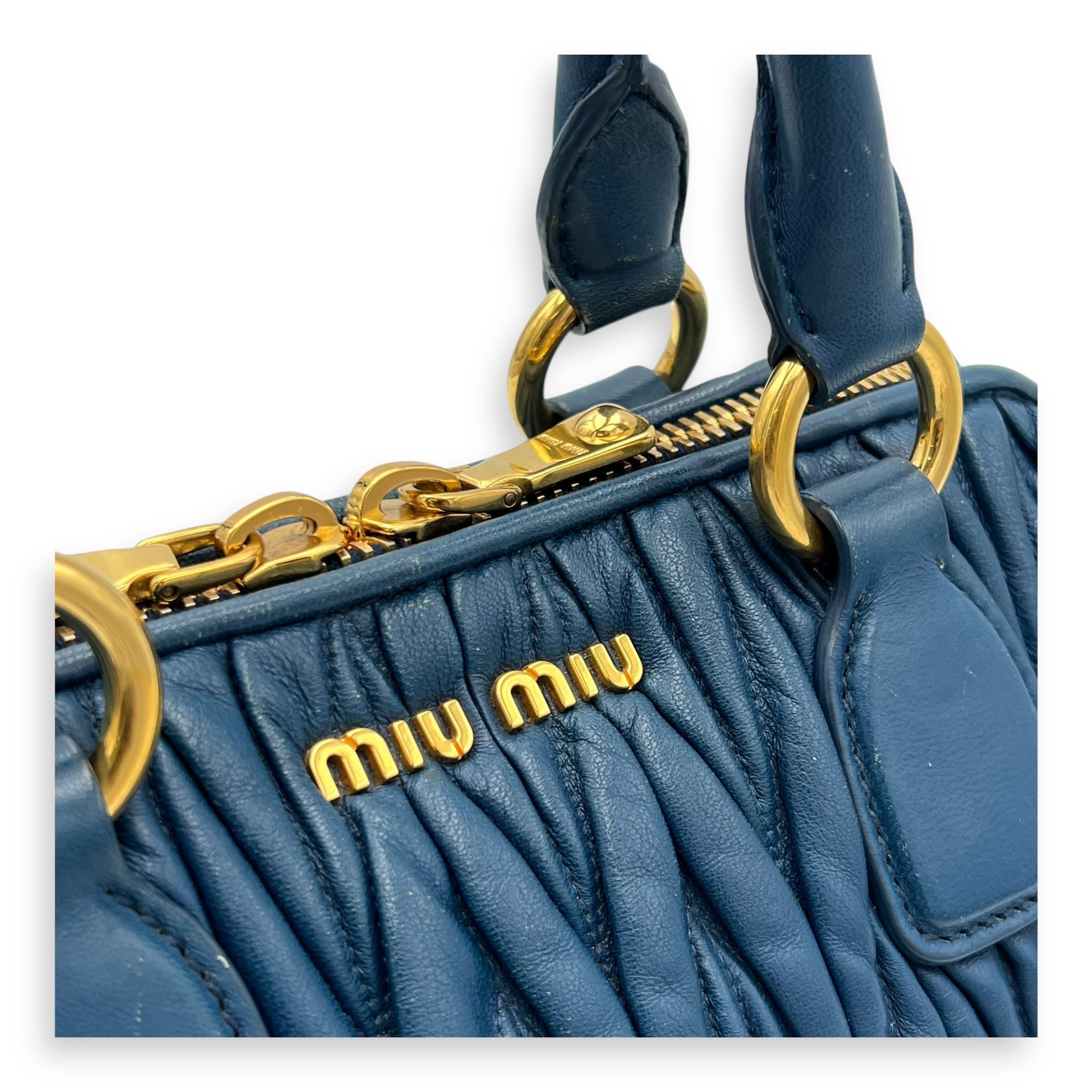 Gaufre Top Handle Bag Blue in Calfskin, Gold hardware