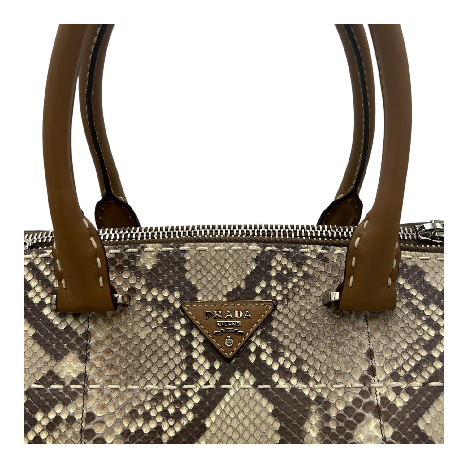 Logo Top Handle Bag Brown in Python Leather, Silver hardware