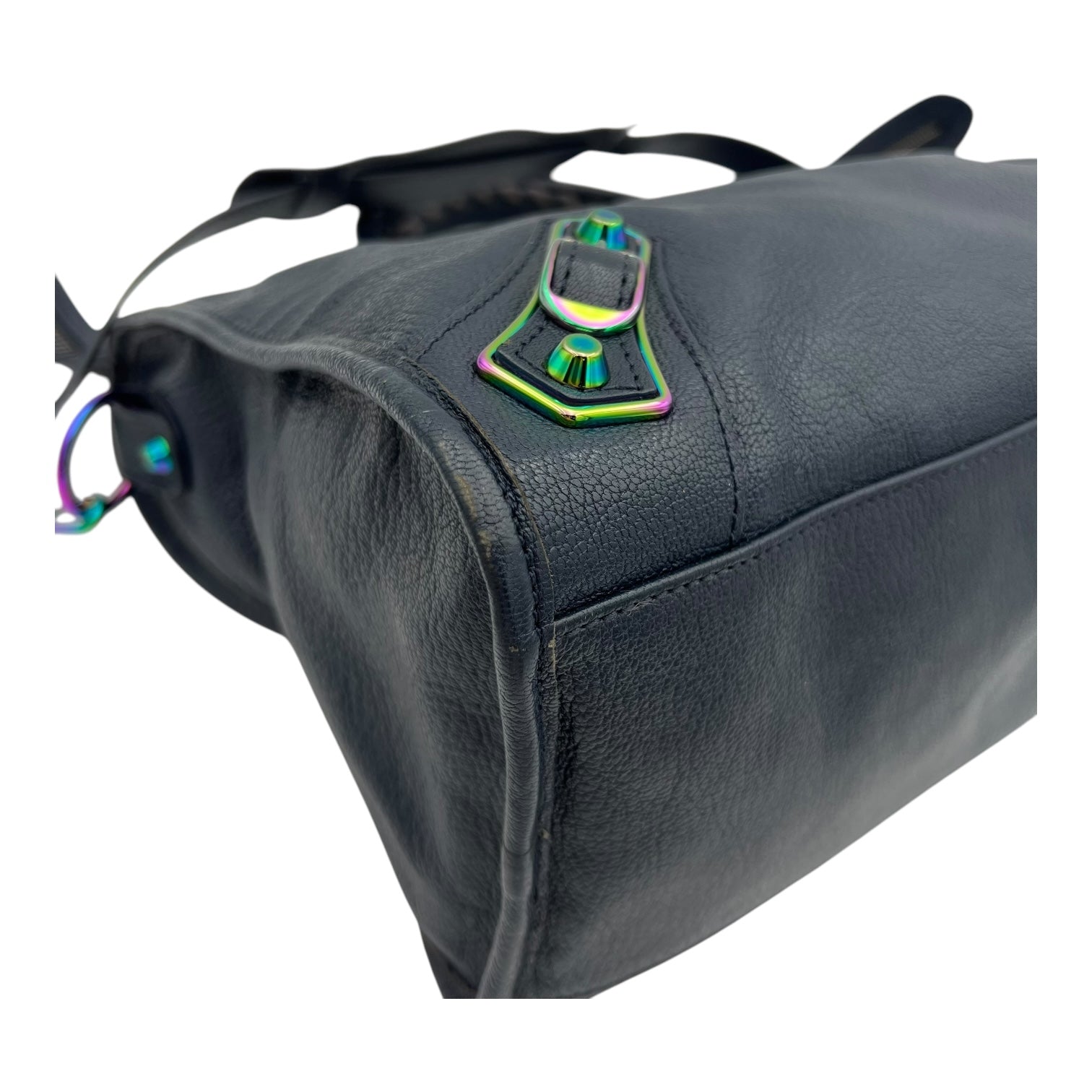 Metallic Edge Medium Blue Top Handle Bag in Goat Leather, Iridescent hardware