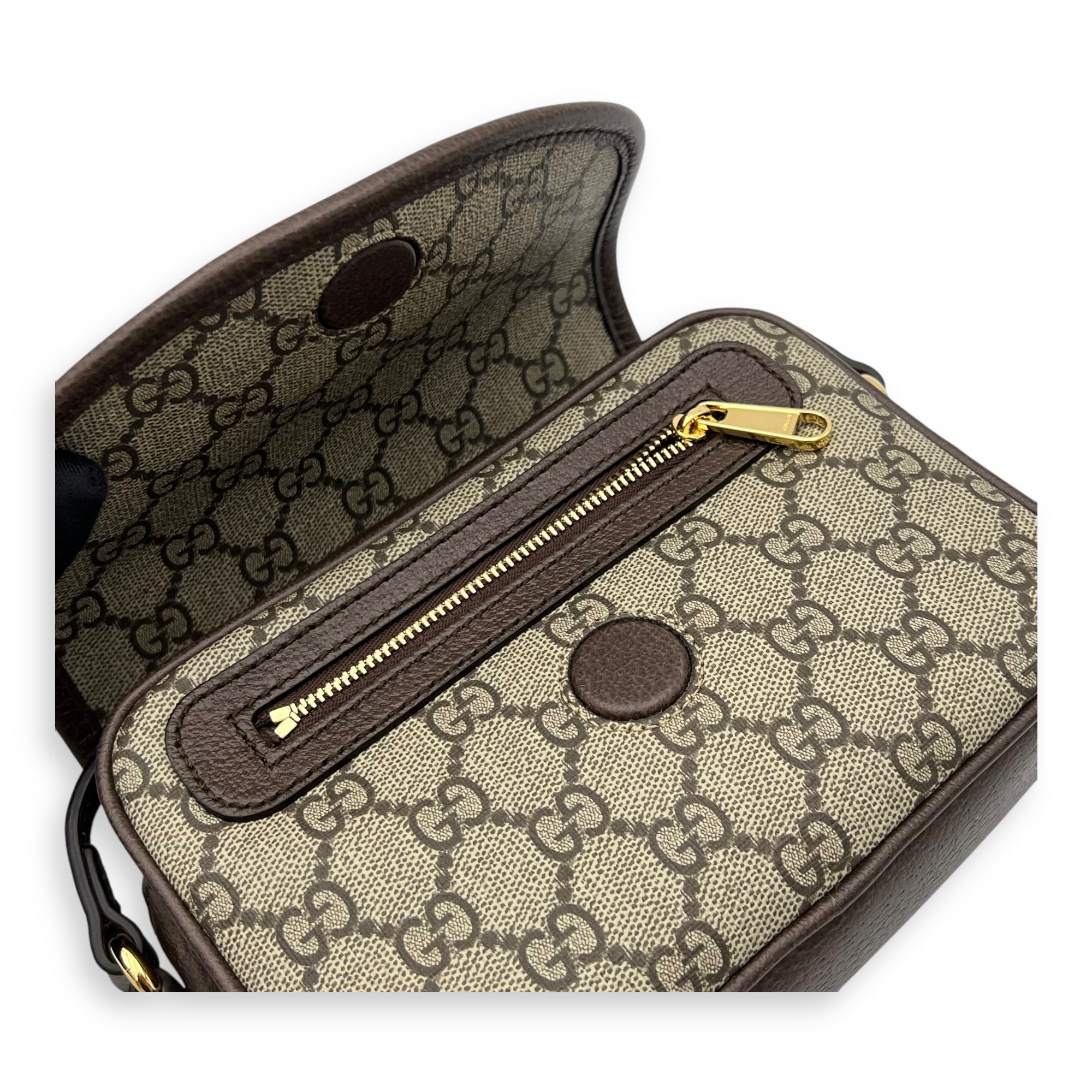 Ophidia Brown Crossbody Bag in Coated Canvas, Gold hardware