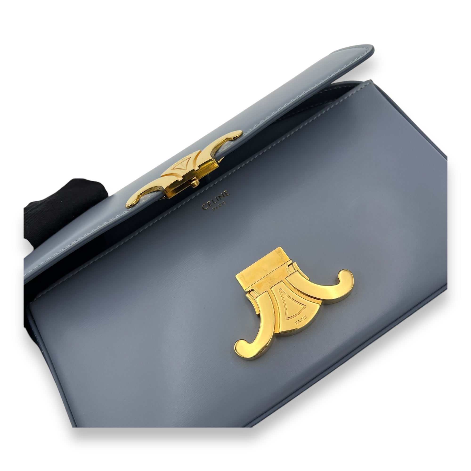 Triomphe Shoulder Bag Blue Grey in Calfskin, Gold hardware