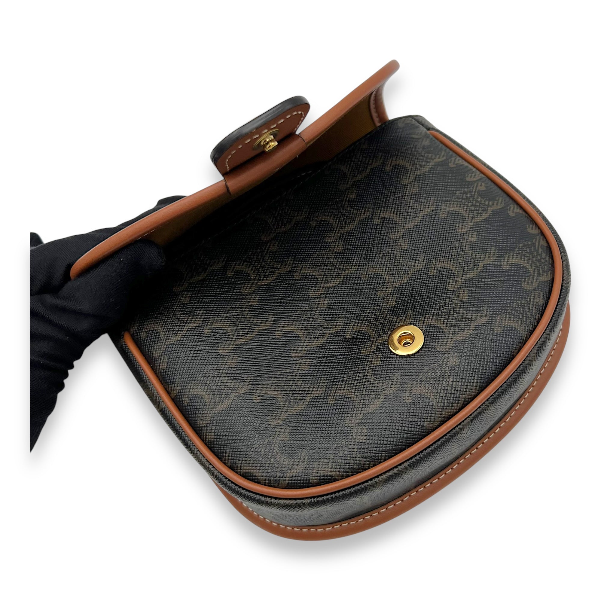 Besace Crossbody Bag Mini Brown in Coated Canvas, Gold hardware