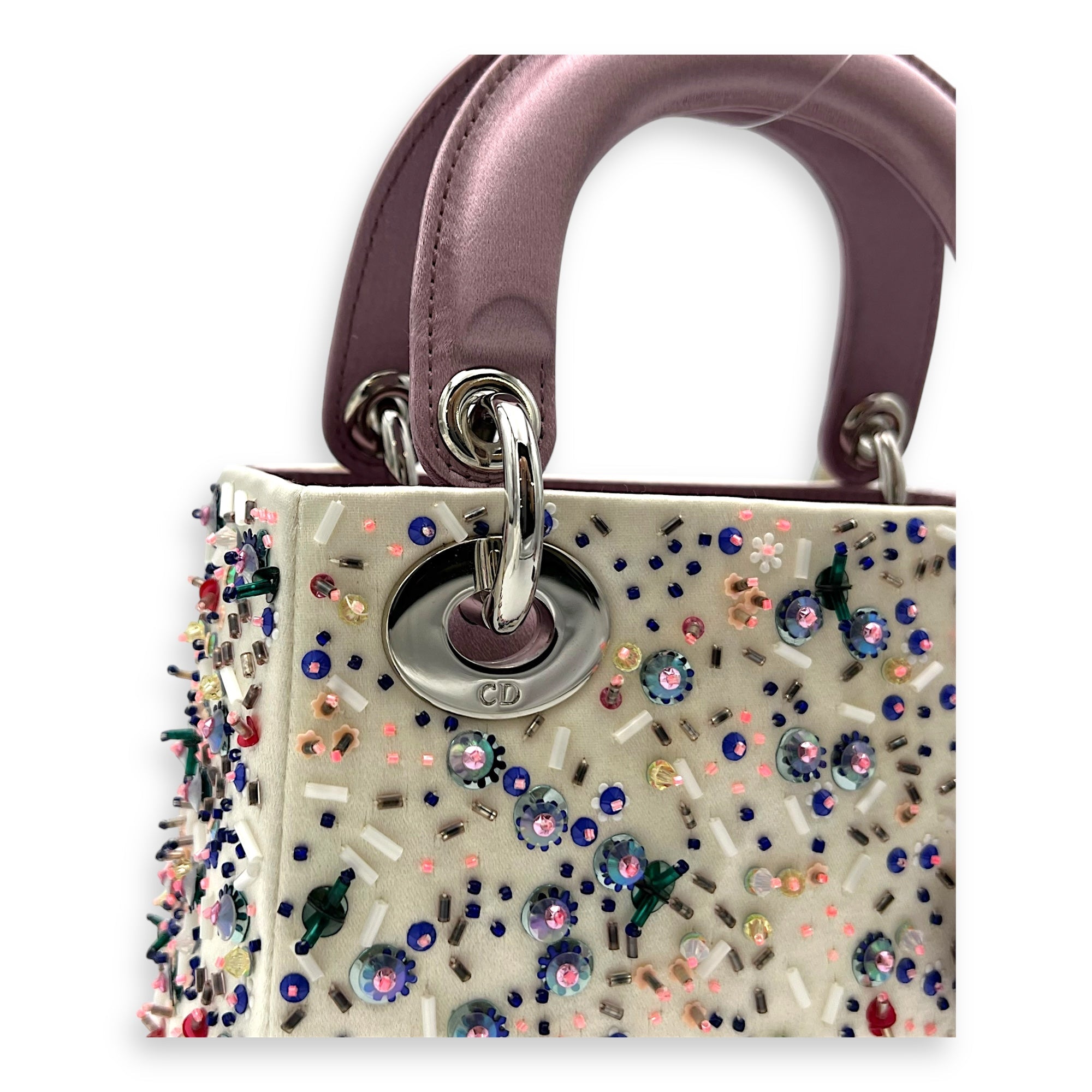 Lady Dior Mini Multi-colour Top Handle Bag in Satin, Silver hardware