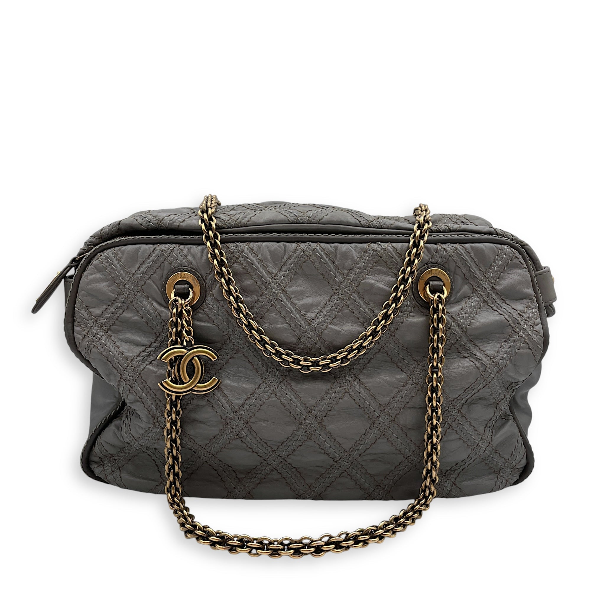 Quilted Stitches Triptych Grey Tote Bag in Calfskin, Gold hardware