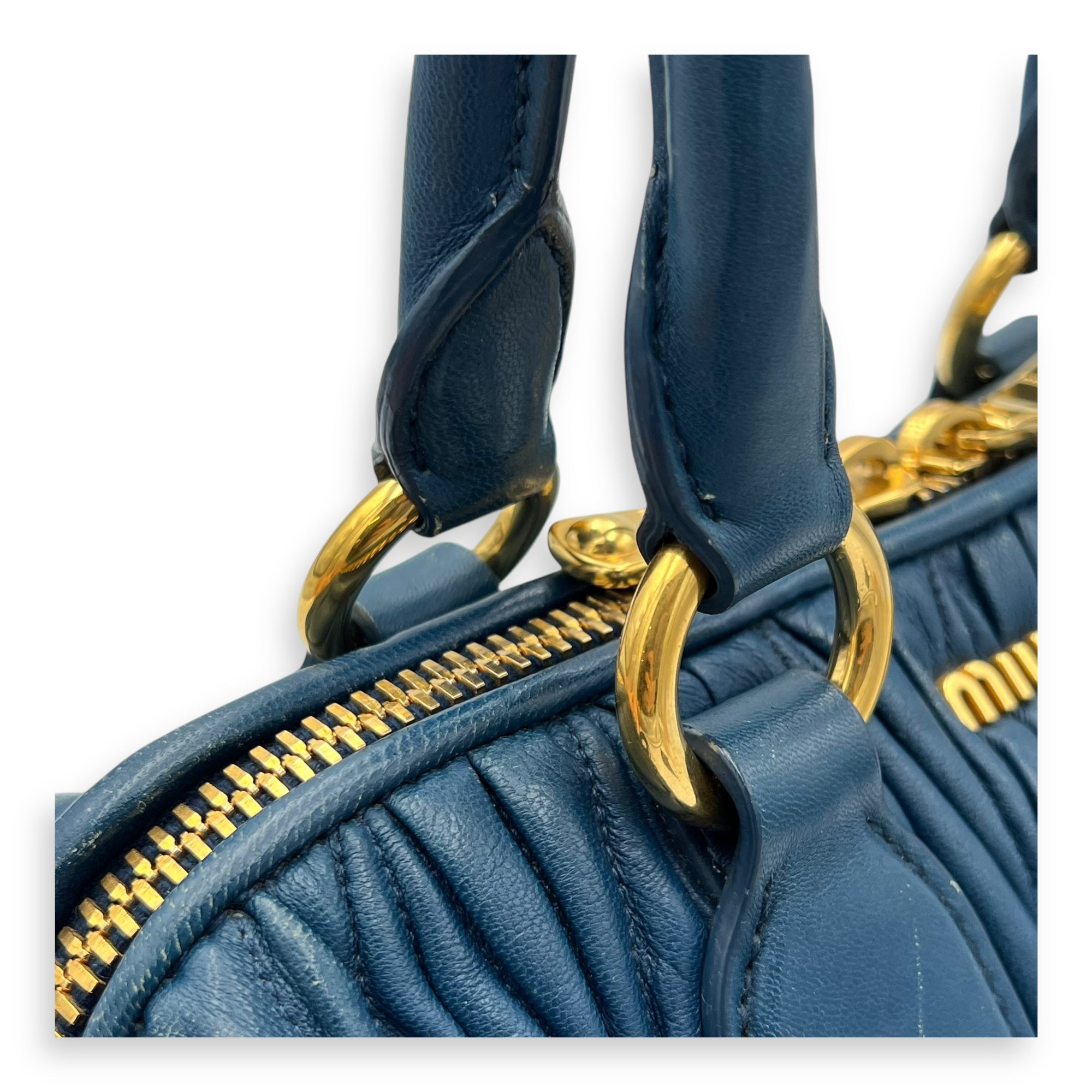 Gaufre Top Handle Bag Blue in Calfskin, Gold hardware