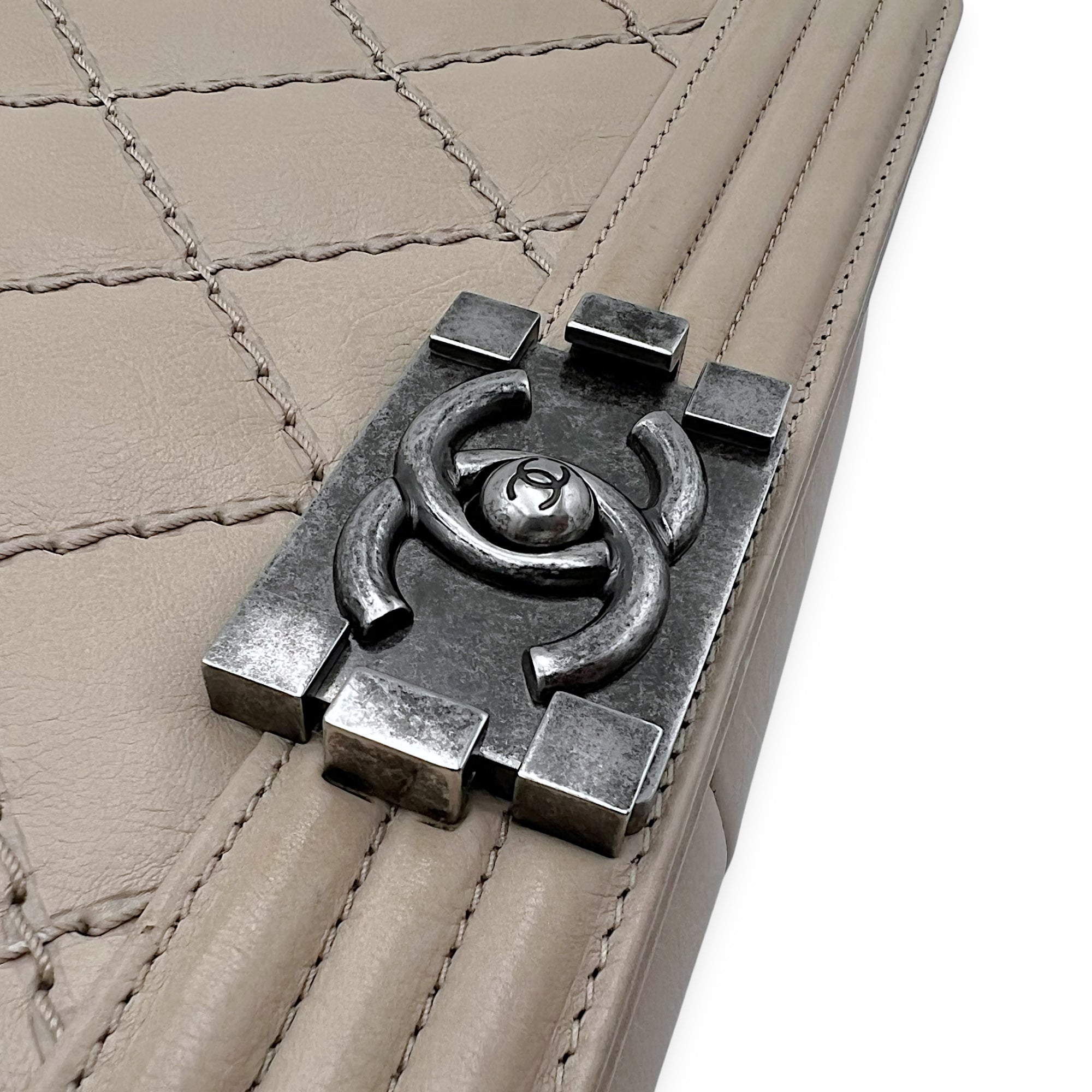 Boy Medium Beige Shoulder Bag in Calfskin, Gunmetal hardware
