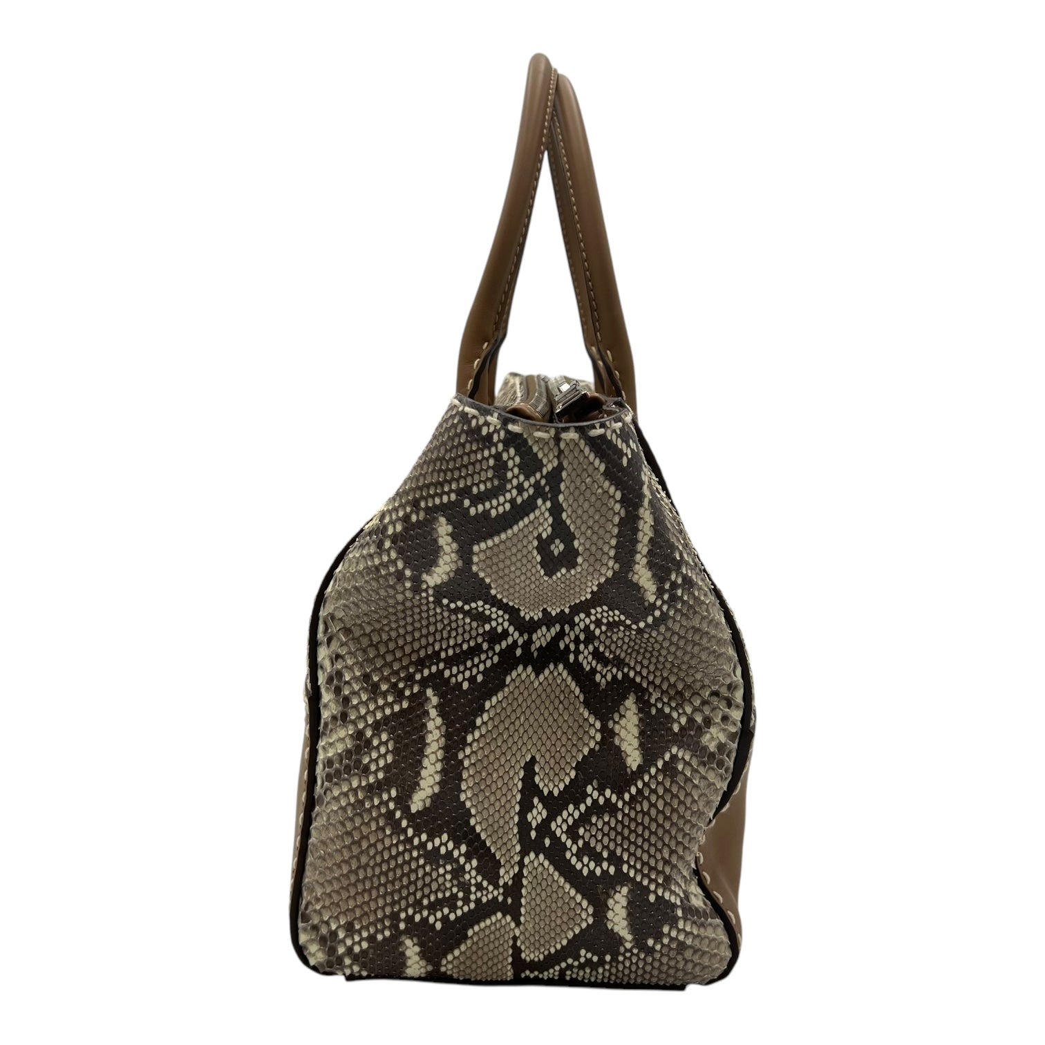 Logo Top Handle Bag Brown in Python Leather, Silver hardware
