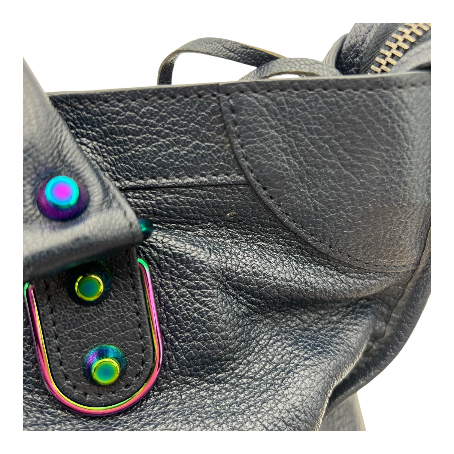 Metallic Edge Medium Blue Top Handle Bag in Goat Leather, Iridescent hardware